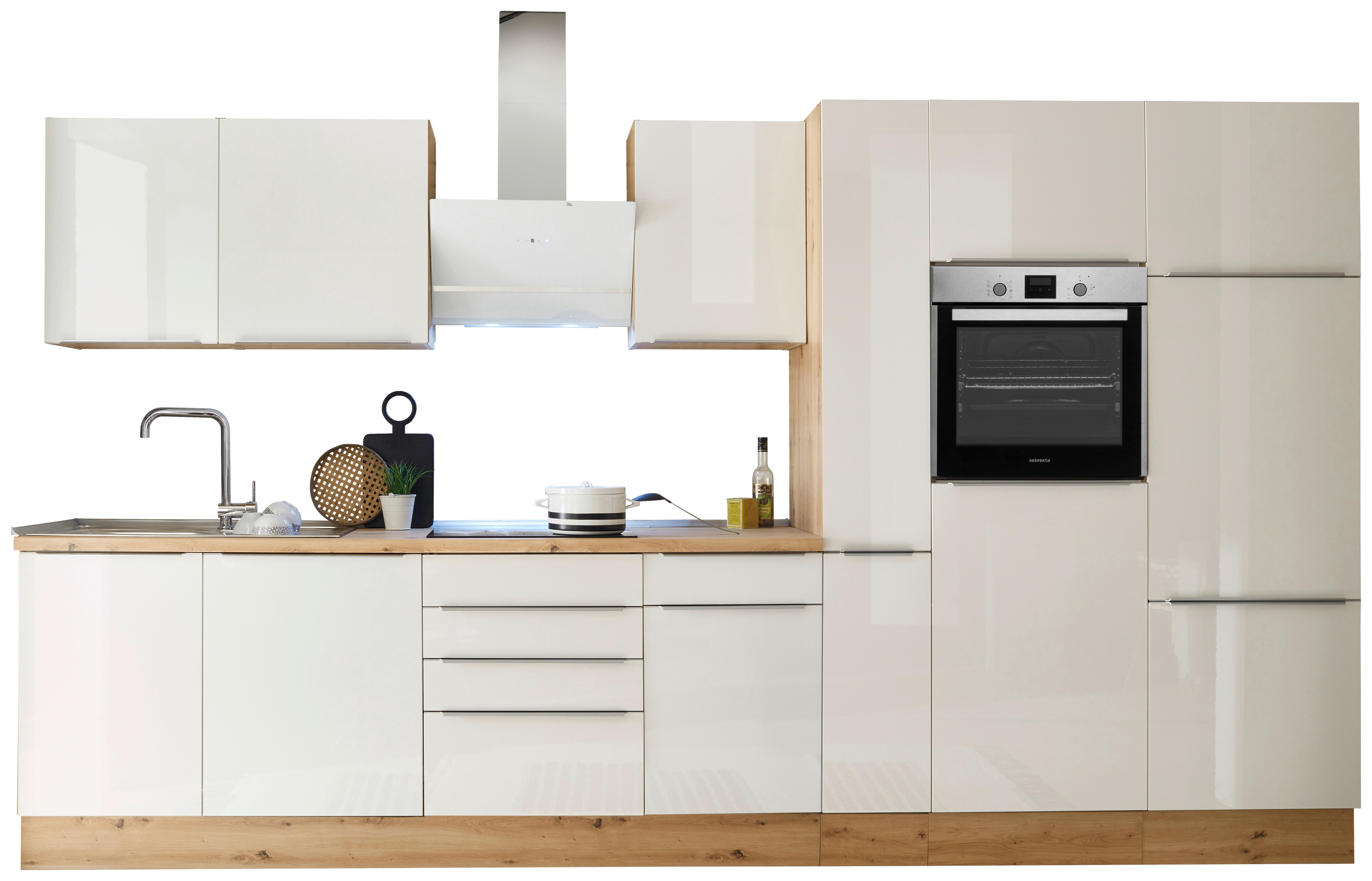 Küchenblock Marleen m. Geräten Weiß Hochglanz B: ca. 370cm - Weiß Hochglanz/Alufarben, LIFESTYLE, Holzwerkstoff/Kunststoff (370cm) - Respekta