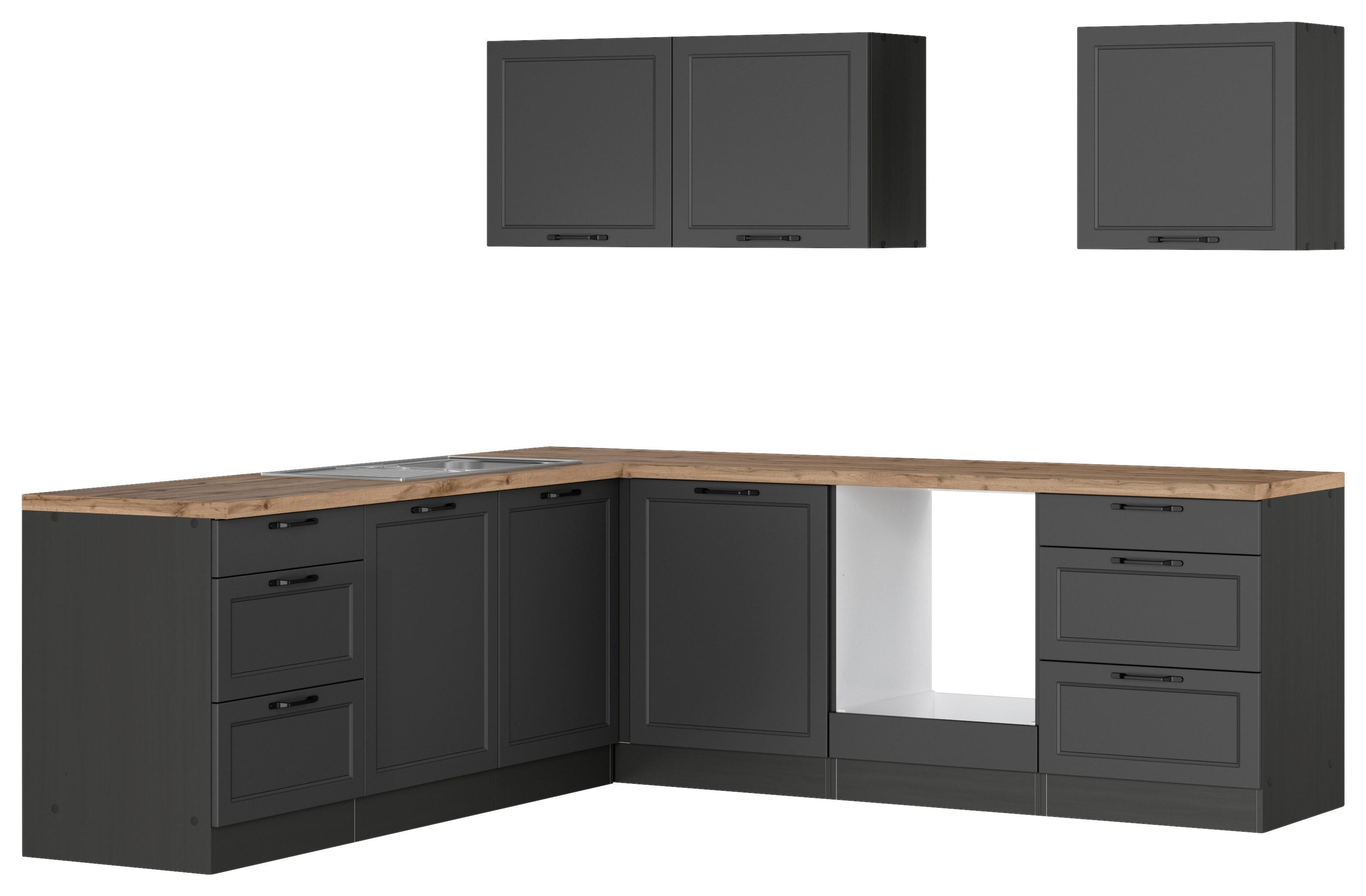 Eckküche Meran ohne Geräten ca. 240x240 cm Grau/Eiche - Eiche Wotan/Schwarz, LIFESTYLE, Holzwerkstoff/Metall (240/240cm) - Held
