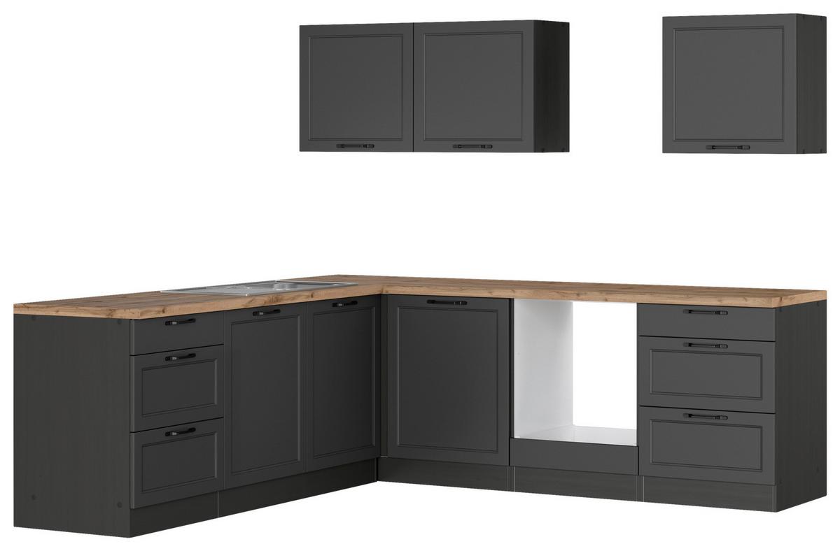 Eckküche Meran ohne Geräten ca. 240x240 cm Grau/Eiche - Eiche Wotan/Schwarz, LIFESTYLE, Holzwerkstoff/Metall (240/240cm) - Held
