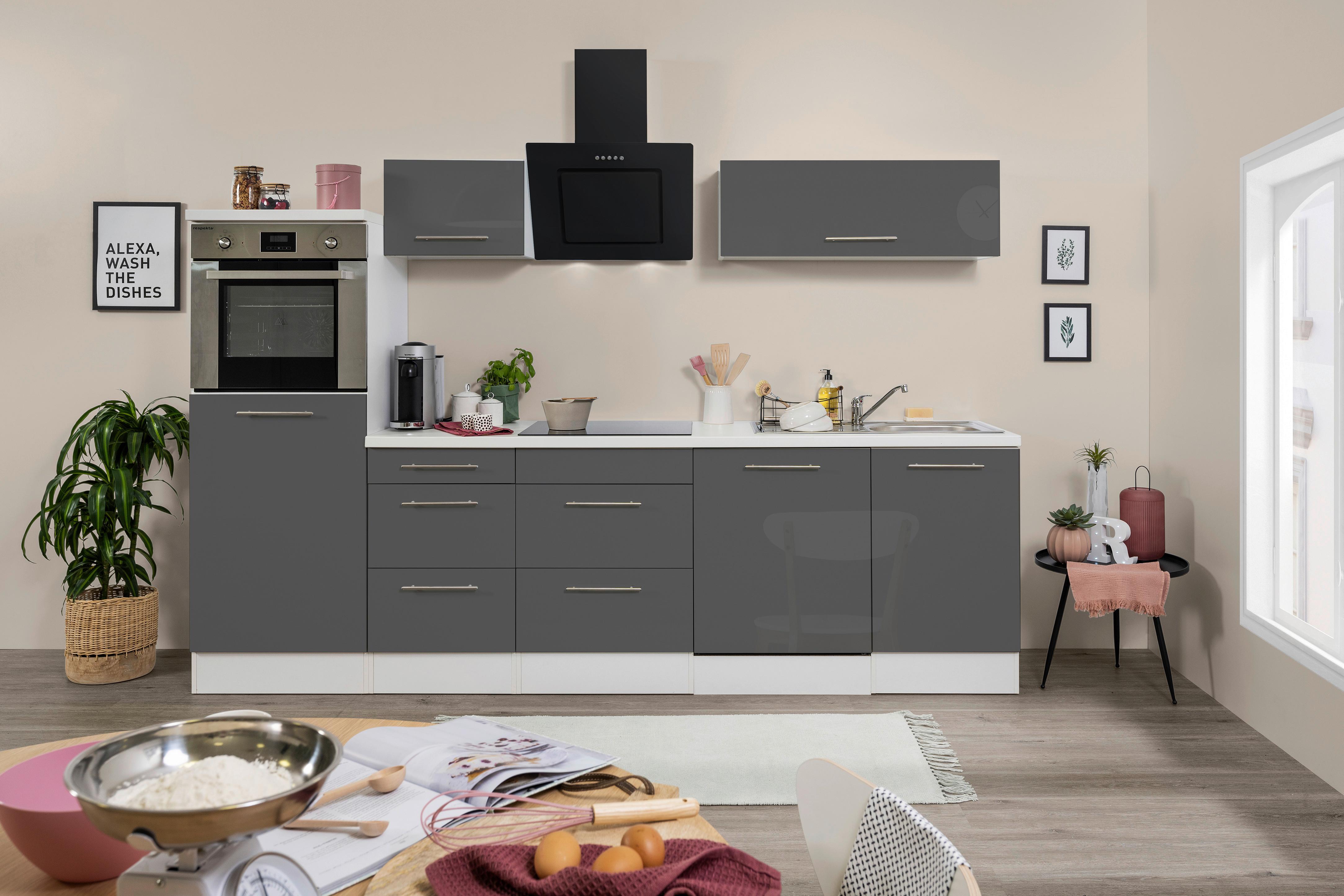 Küchenzeile mit Geräte Grau Hochglanz/Weiß B: ca. 280 cm - Edelstahlfarben/Weiß, KONVENTIONELL, Holzwerkstoff/Metall (280cm) - Respekta