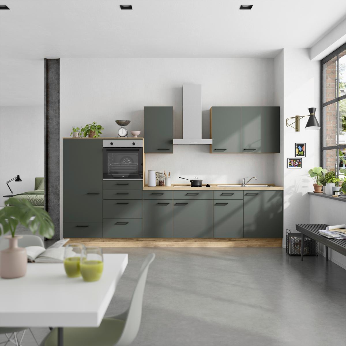 Küchenblock Easytouch m. Geräten Dunkelgrün - Dunkelgrün/Eichefarben, MODERN, Holzwerkstoff/Metall (330cm) - Nobilia