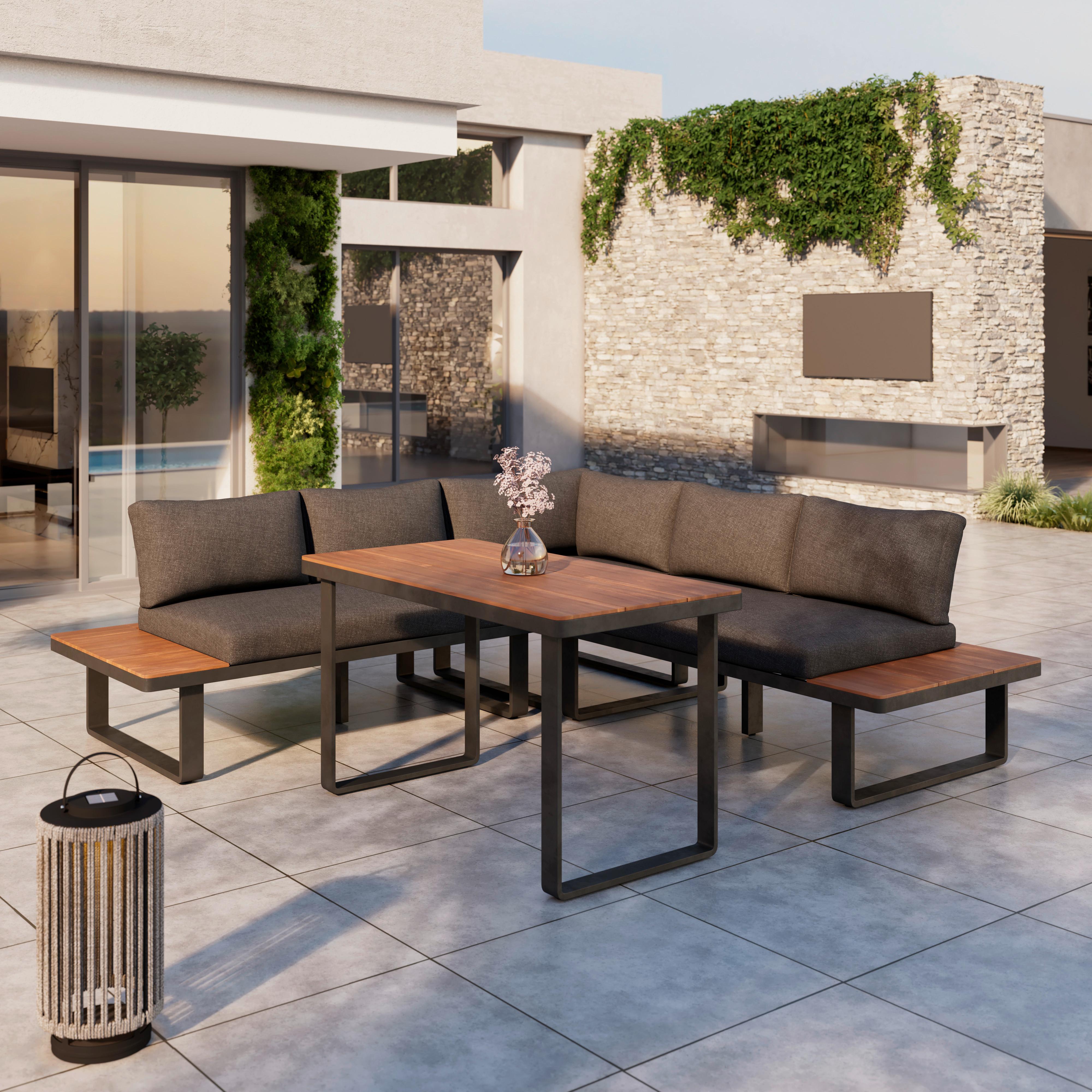 Dining-Loungeset Gianna Holz Outdoorstoff/Metall +Abdeckung - Schwarz/Teakfarben, MODERN, Holz/Textil (221/71/76cm) - Bessagi Garden