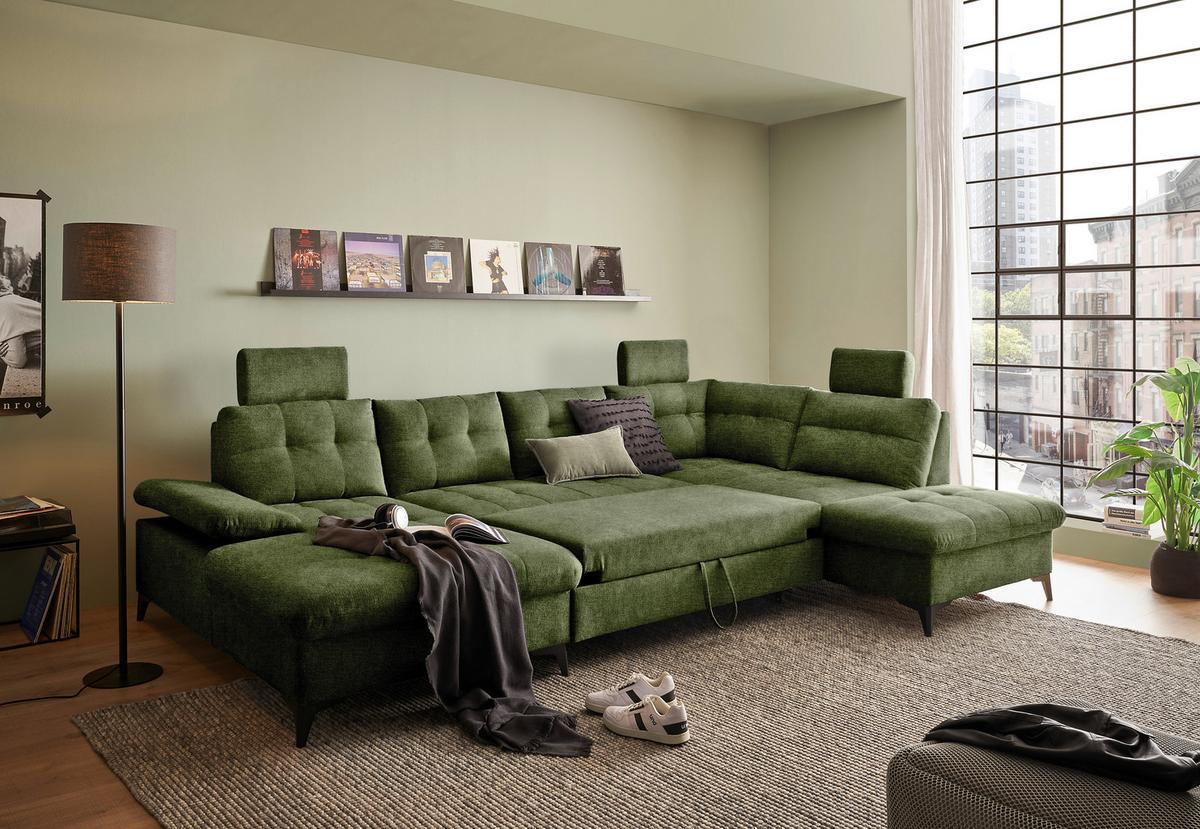 Wohnlandschaft Durban U ca. 170x324x218 cm Olivgrün - Schwarz/Olivgrün, KONVENTIONELL, Kunststoff/Textil (170/324/218cm) - MID.YOU