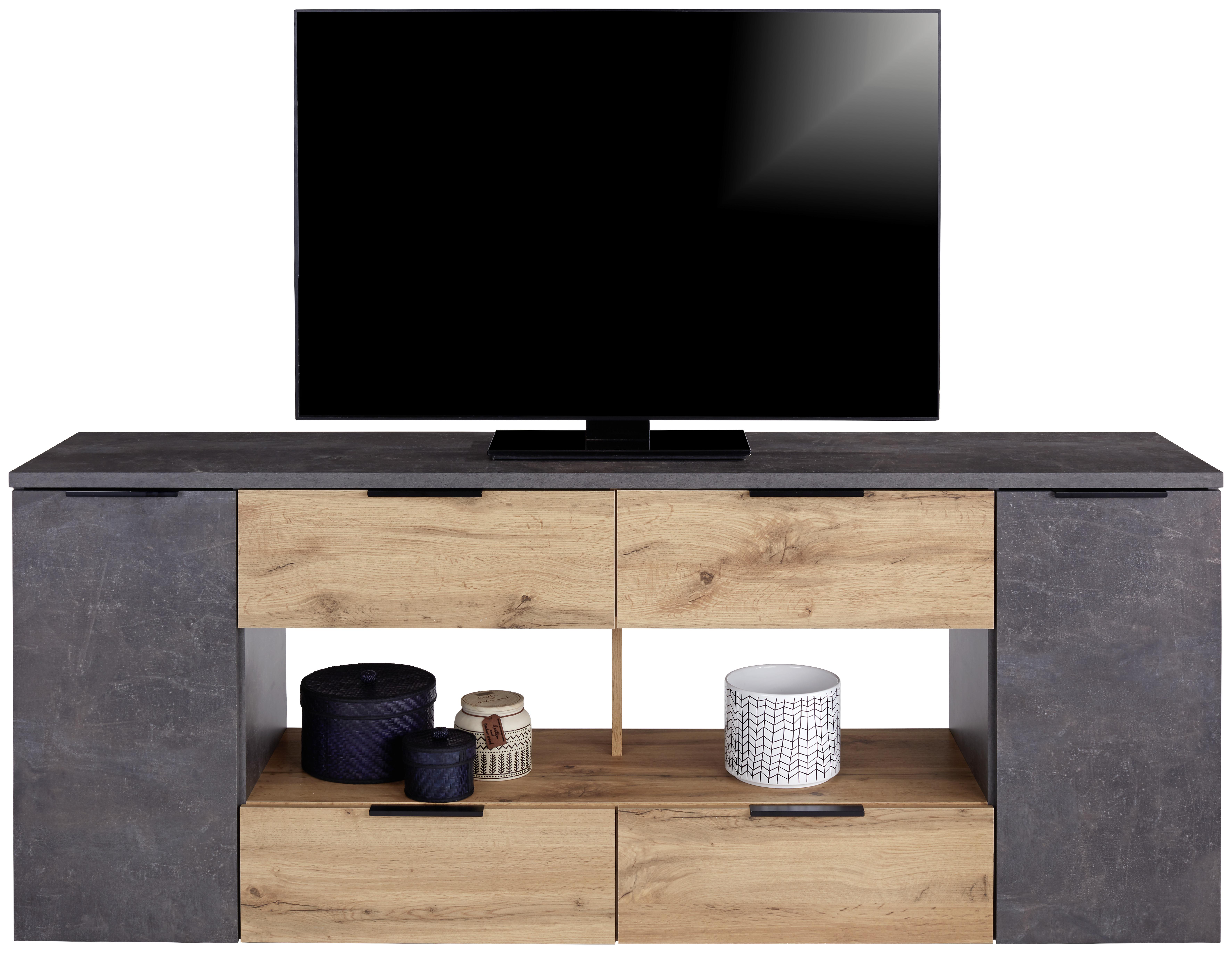 STOLIK RTV BERND - szary/aluminiowy, Modern, materiał drewnopochodny/metal (180/70/40cm)