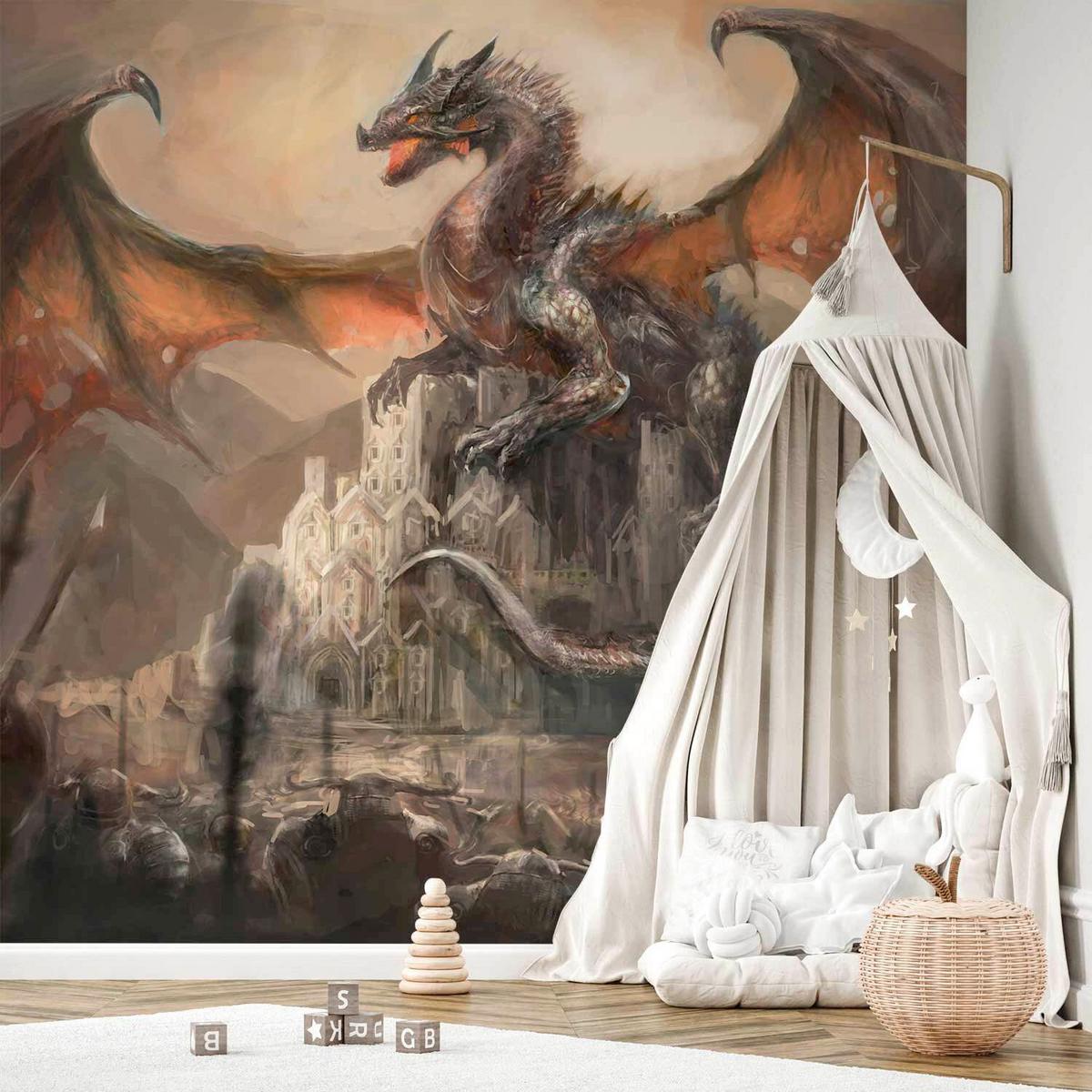 Fototapete Dragon Castle Braun/Orange - Braun/Orange, LIFESTYLE, Textil (200/140cm) - artgeist