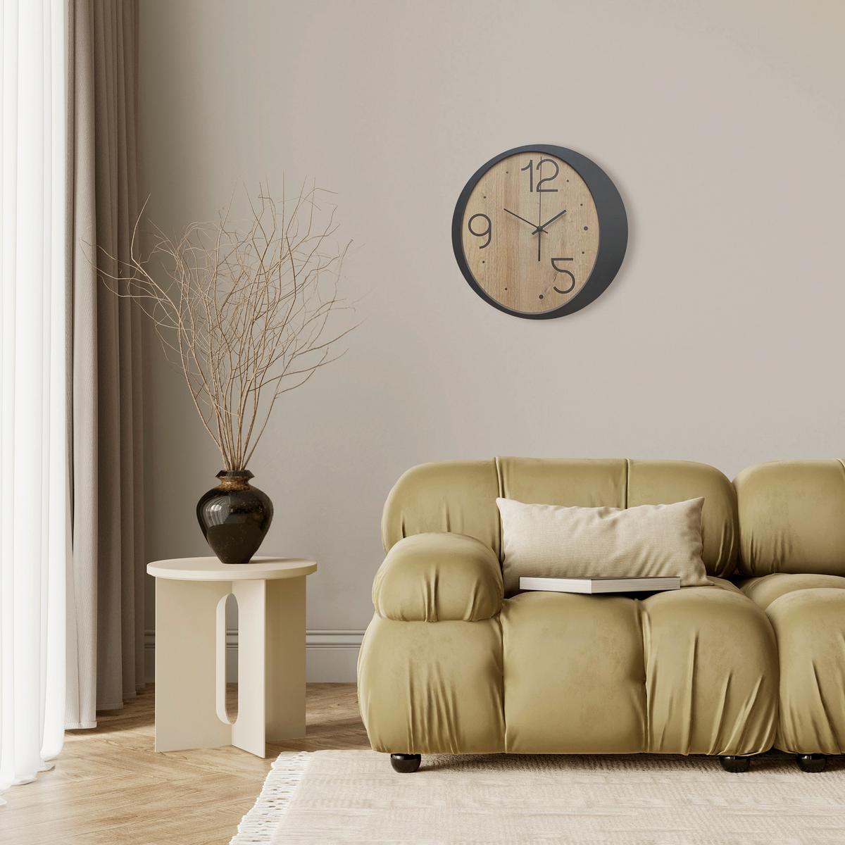 Wanduhr Schwarz/Eichefarben Ø ca. 36cm - Eichefarben/Schwarz, Basics, Holz/Kunststoff (36cm)