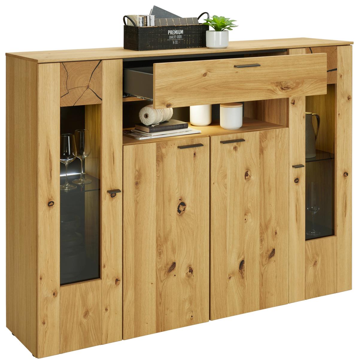 Highboard in Eichefarben - Eichefarben/Schwarz, Modern, Glas/Holzwerkstoff (154/130/41cm) - Premium Living