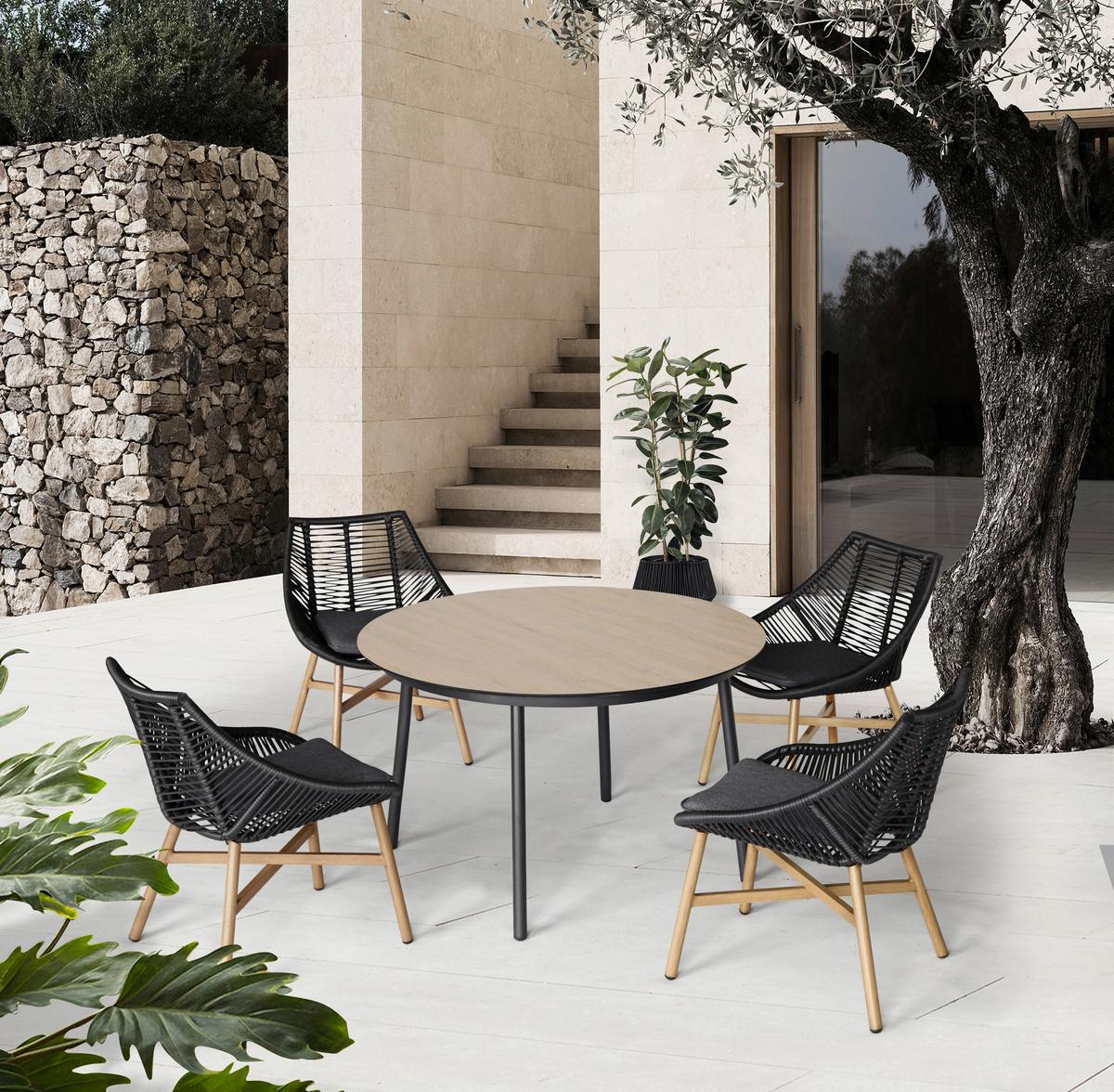 Gartentischgruppe Carmello Schwarz/Teakfarben - Anthrazit/Schwarz, Modern, Kunststoff/Textil - Mömax