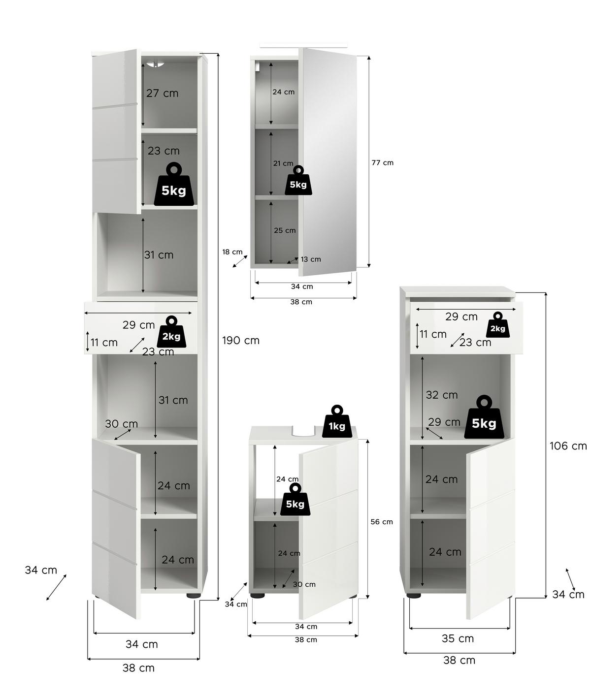 Badezimmer Vira 4-tlg. mit LED ca. 114 cm Weiß - Weiß Hochglanz/Schwarz, MODERN, Holzwerkstoff/Kunststoff (114cm) - MID.YOU