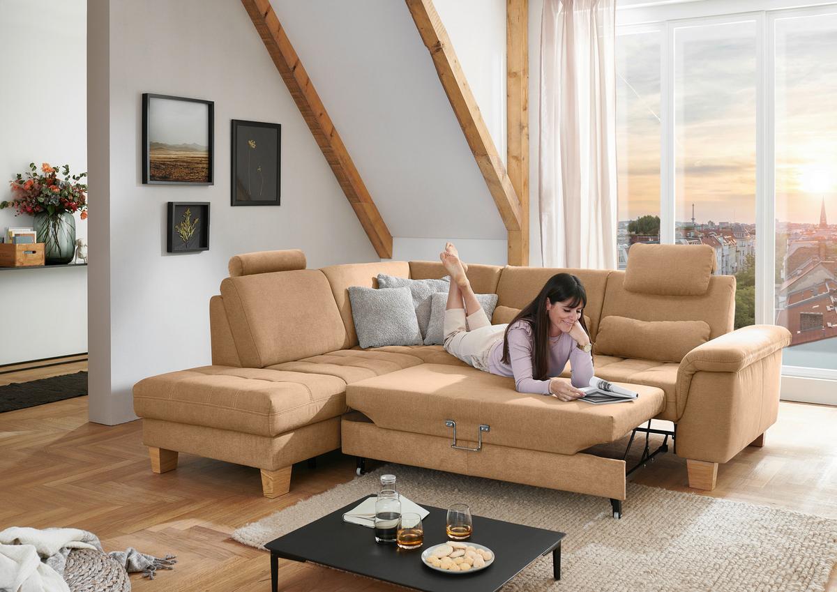 Sedežna Garnitura Pp-La23117 - bež/barve konjaka, Moderno, tekstil/leseni material (221/45/253cm) - Premium Living
