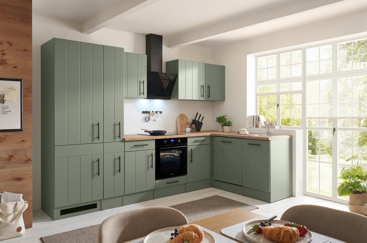 Eckküche Anton m. Geräte ca. 310x172cm Eiche/Schilfgrün - Schilfgrün/Wildeiche, Trend, Holzwerkstoff/Metall (310/172cm) - Respekta