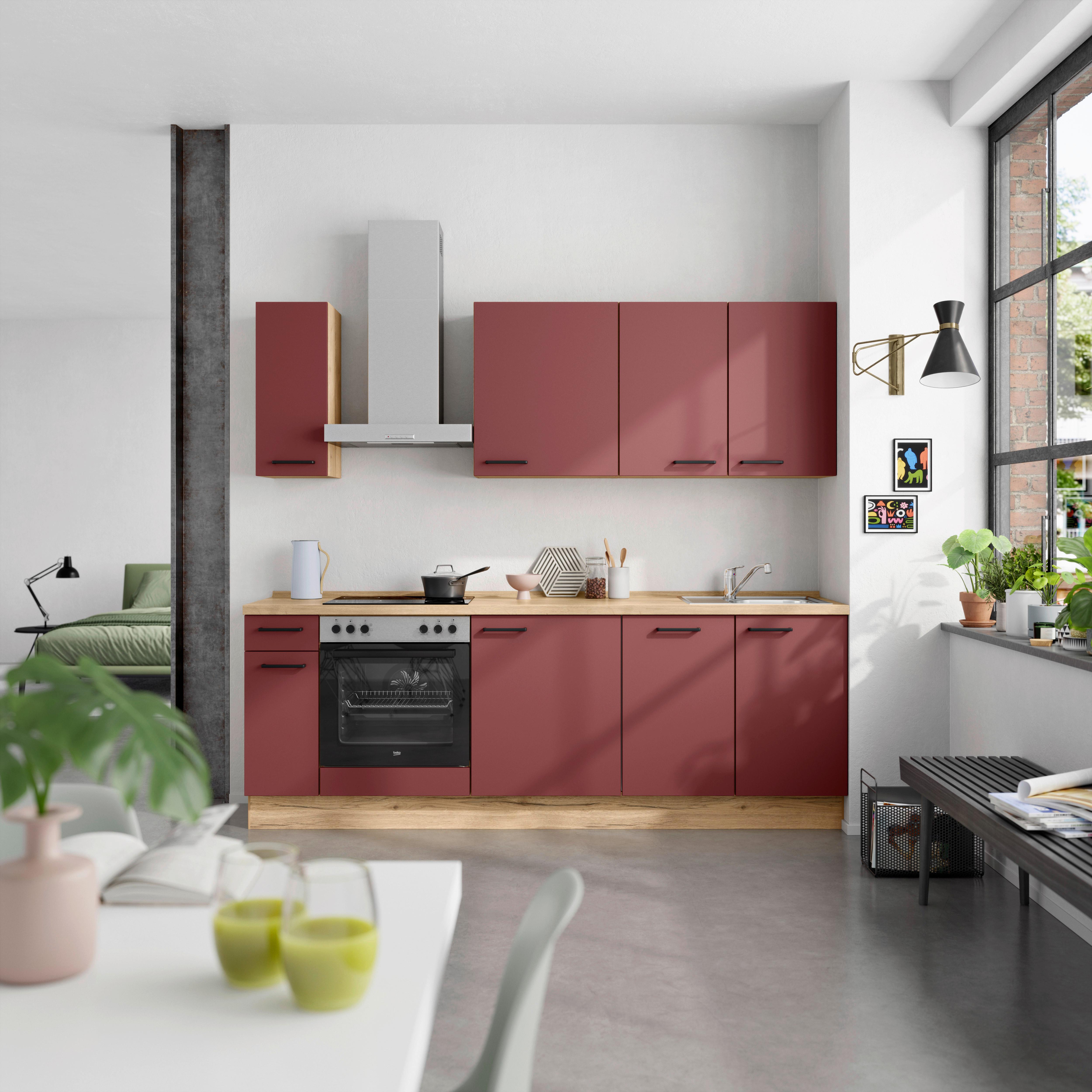 Küchenblock Easytouch Low m. Geräten Dunkelrot - Eichefarben/Schwarz, MODERN, Holzwerkstoff/Metall (240cm) - Nobilia