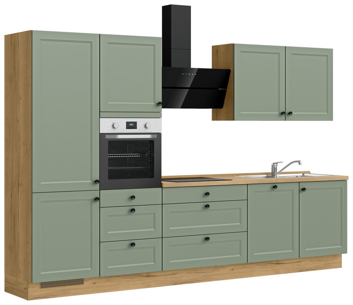 Küchenblock Cascada High m. Geräten Schilfgrün - Schilfgrün/Eichefarben, MODERN, Holzwerkstoff/Metall (330cm) - Nobilia