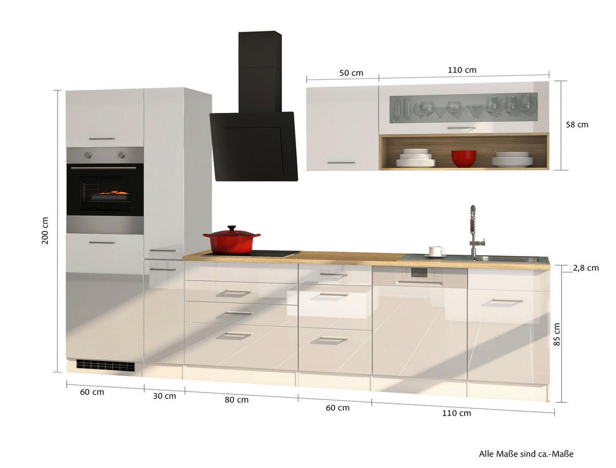 Küchenleerblock Mailand o. Geräte Weiß Hochglanz - Weiß Hochglanz/Silberfarben, MODERN, Holzwerkstoff/Metall (330cm) - Held