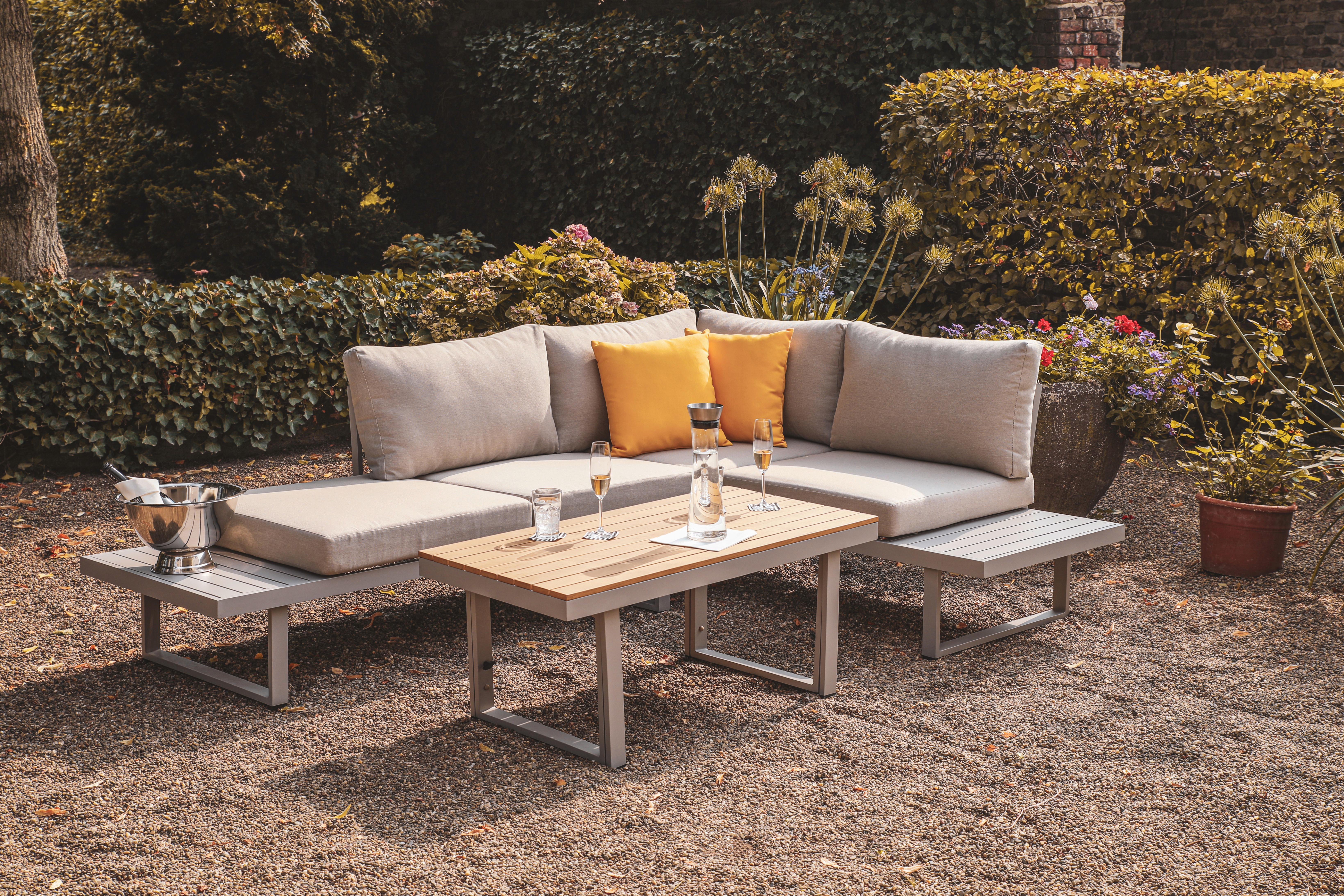 Loungegarnitur 3-tlg. Aruba Holz/Metall/Textil mit Kissen - Grau, Basics, Holz/Textil (175/70/175cm) - Gardenson