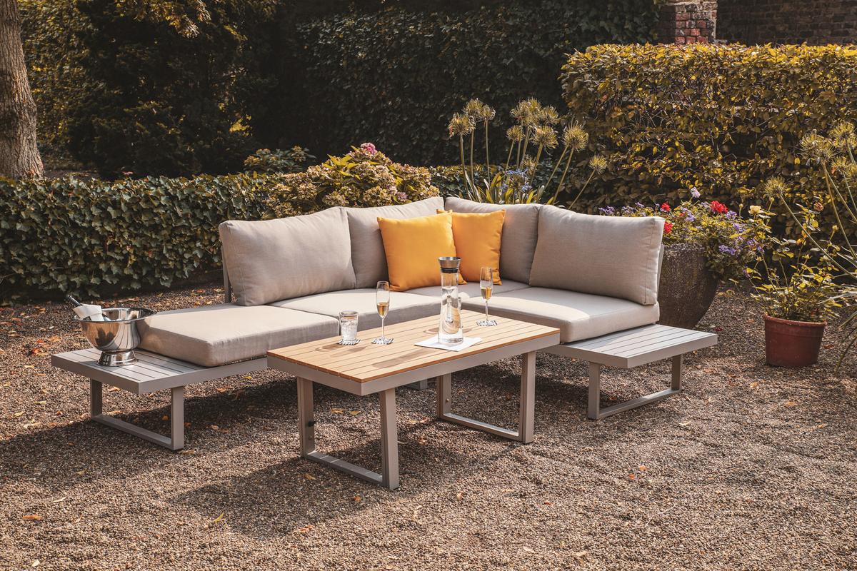 Loungegarnitur 3-tlg. Aruba Holz/Metall/Textil mit Kissen - Grau, Basics, Holz/Textil (175/70/175cm) - Gardenson