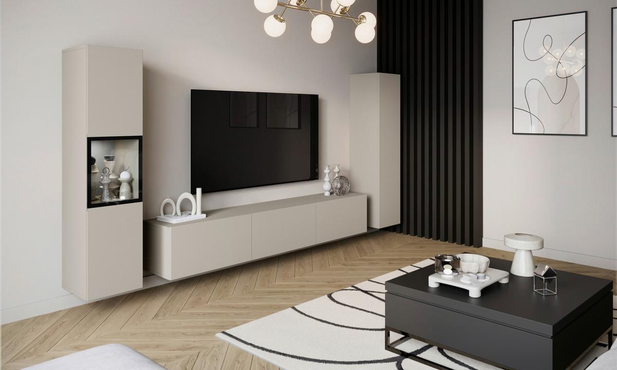 Wohnwand mit LED Berlin III Kaschmir - Kaschmir/Grau, Design, Glas/Holzwerkstoff (240/130/31cm) - P & B