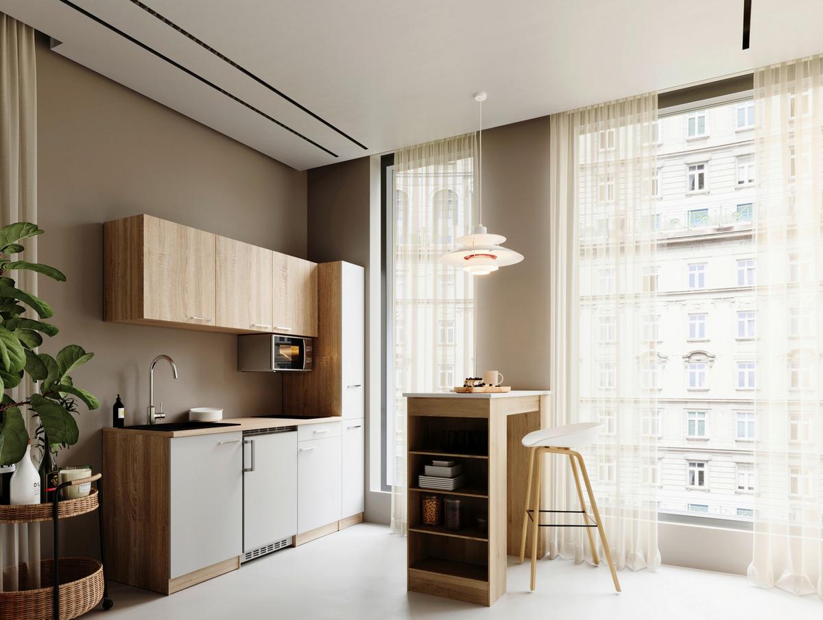 Küchenblock Ingrid m. Geräten Weiß - Eichefarben/Alufarben, Design, Holzwerkstoff/Kunststoff (180cm) - Respekta