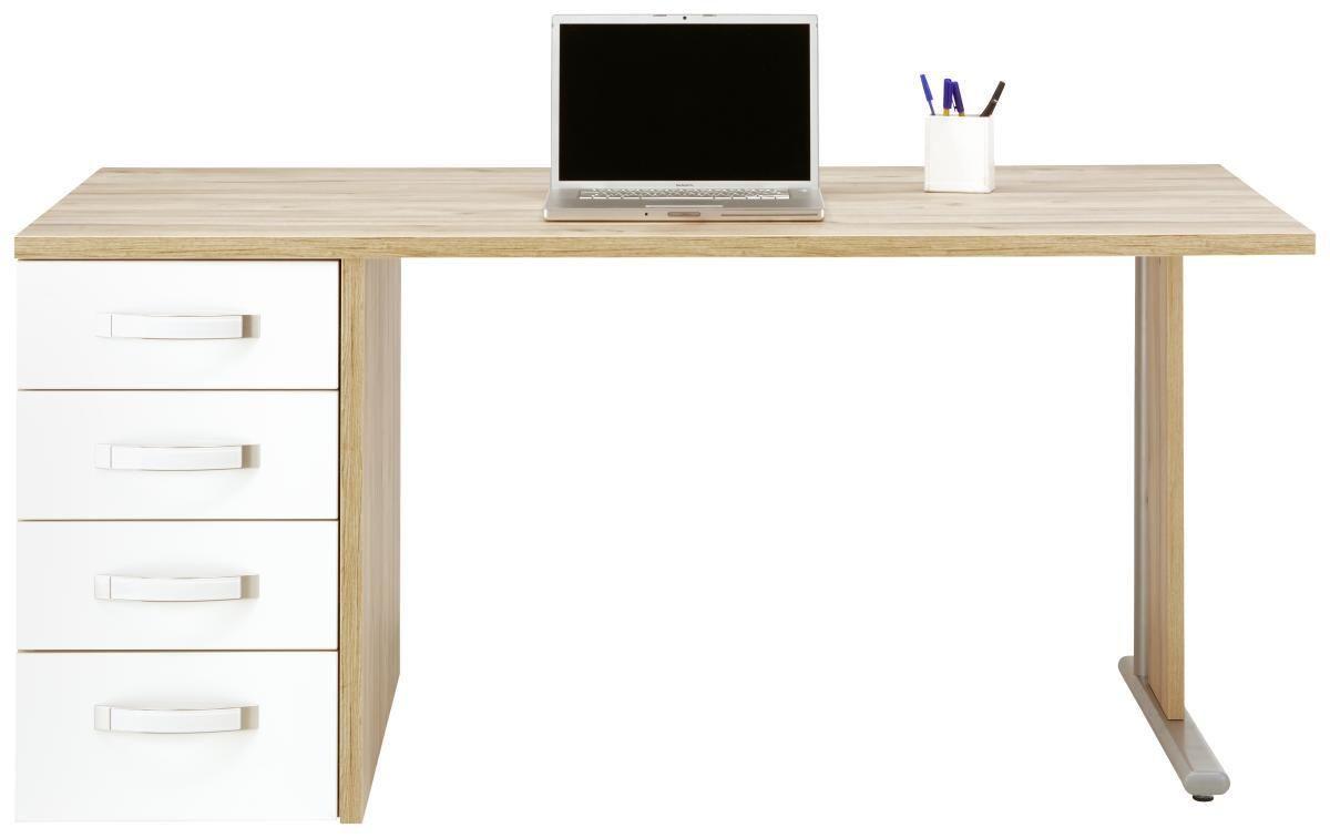 Schreibtisch in Weiß/Eichefarben - Edelstahlfarben/Eichefarben, MODERN, Glas/Holzwerkstoff (160/73/80cm) - Premium Living