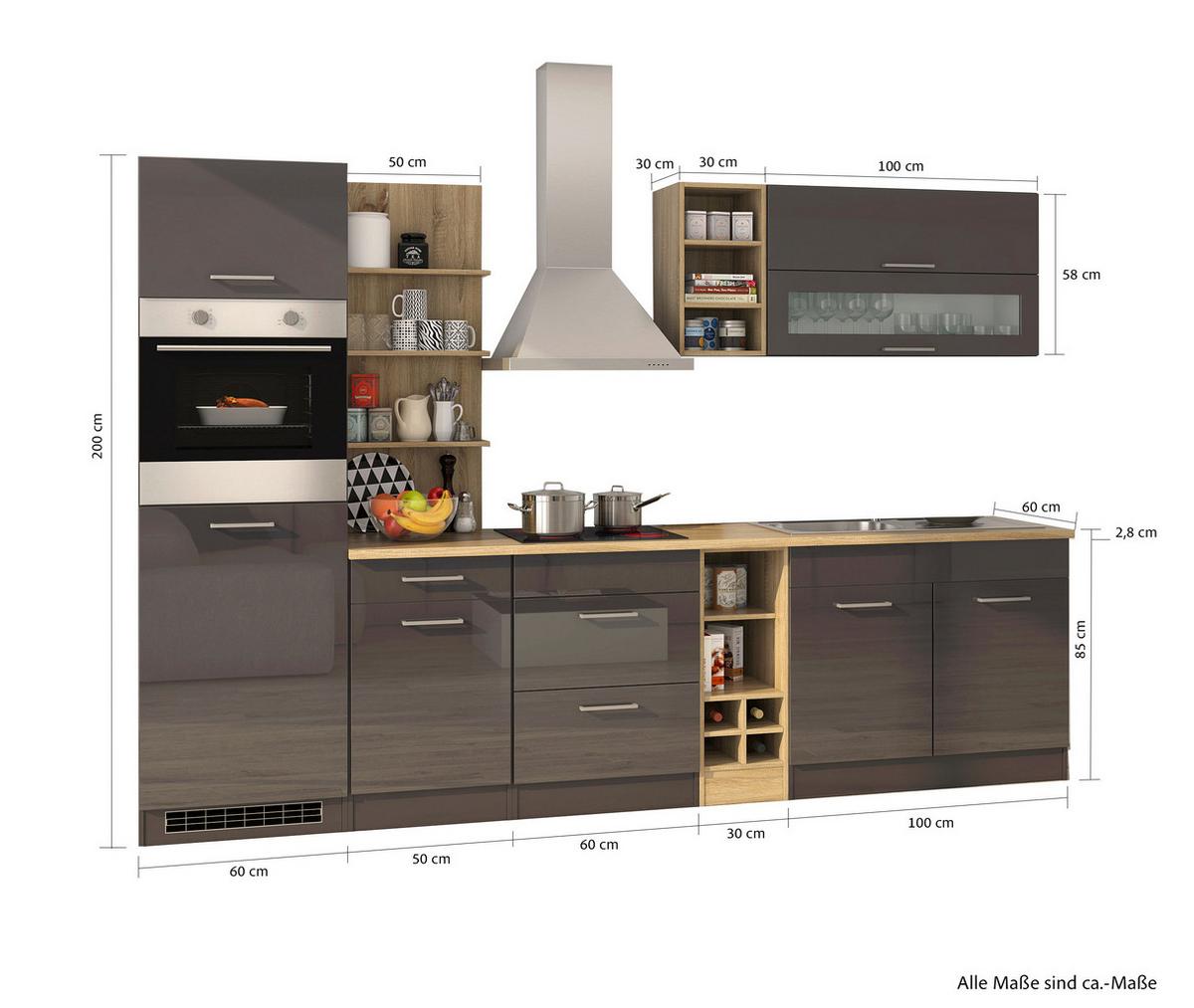 Küchenblock Mailand m. Geräte Graphitfarben - Silberfarben/Graphitfarben, MODERN, Holzwerkstoff/Metall (300cm) - Held