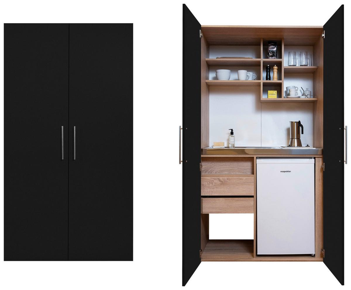 Schrankküche mit Kühlschrank + Kochfeld Schwarz B: ca. 104 cm - Edelstahlfarben/Eichefarben, KONVENTIONELL, Holzwerkstoff/Metall (104/193/67cm) - Respekta