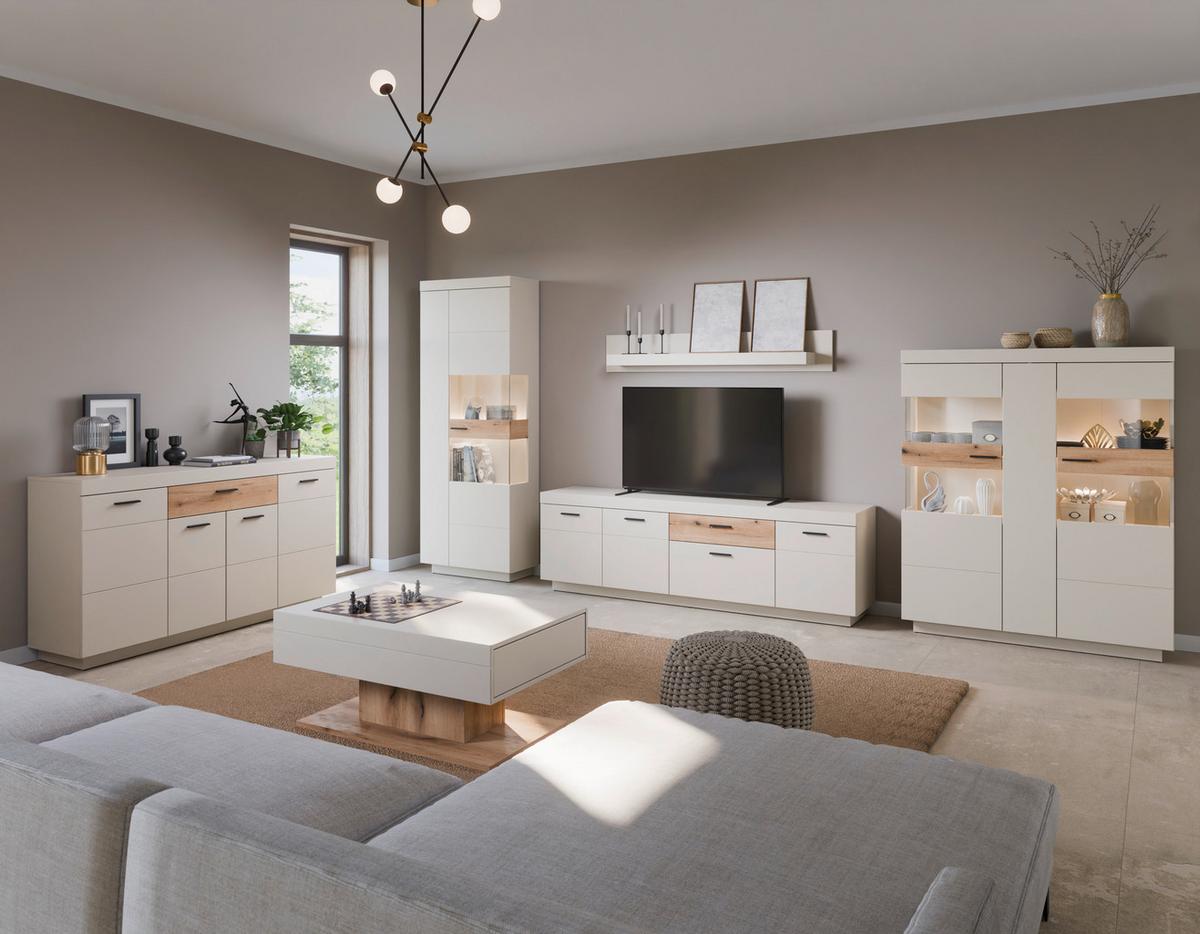 Comodă TV LIGHTNING - cașmir/culoare lemn stejar, Modern, material pe bază de lemn (150/62,8/41,6cm) - Modern Living