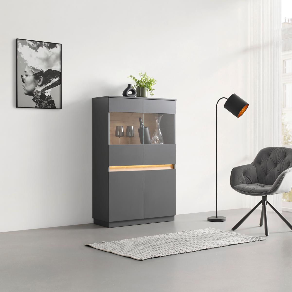 Highboard Samu Anthrazit/Eichefarben - Eichefarben/Anthrazit, MODERN, Glas/Holzwerkstoff (90,2/140/35cm) - Mömax