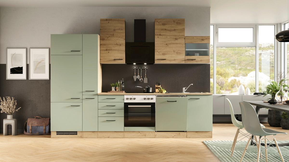 Kuhinjski Blok Cara, Zelena, Hrast - črna/zelena, Moderno, kovina/leseni material (310cm) - FlexWell