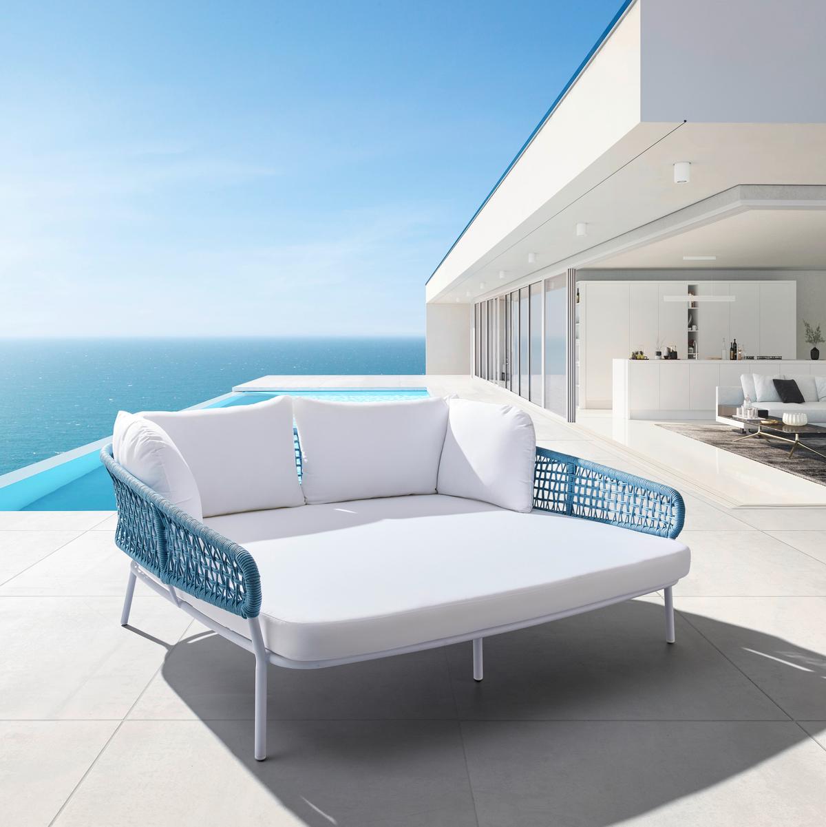 île de soleil weiß/blau, Outdoorgewebe - Türkis/Weiss, Modern, Textil/Metall (170/68/150cm) - Bessagi Garden