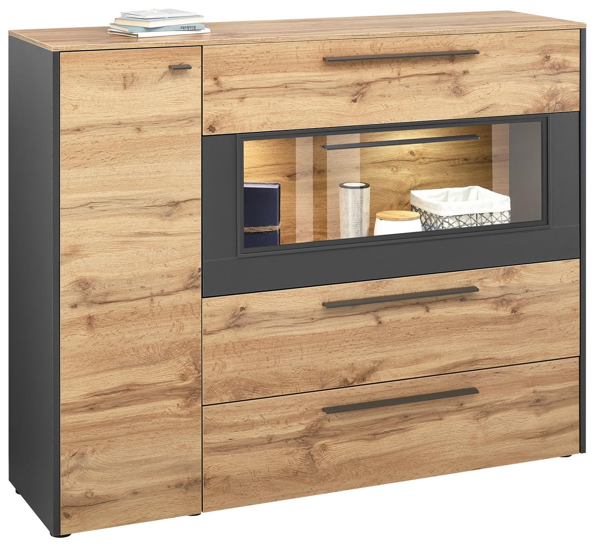 Highboard in Eiche-/Schieferfarben - Schieferfarben/Eichefarben, Modern, Holzwerkstoff/Kunststoff (144/118/40cm) - Premium Living