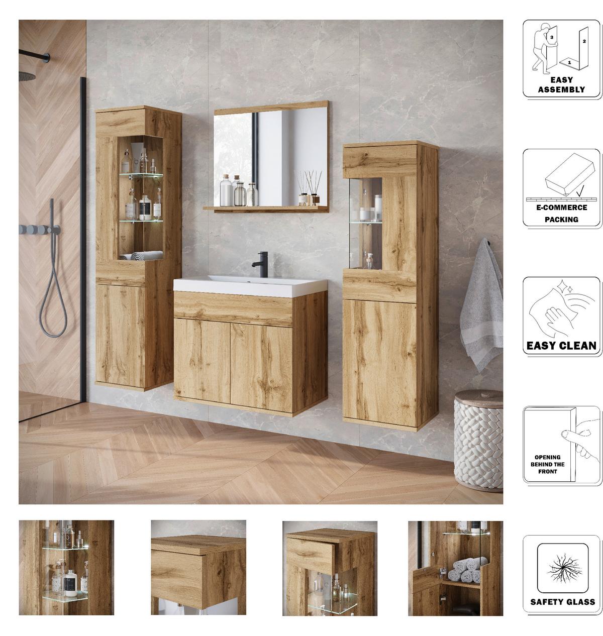 Badezimmer-Set Narobi 5-tlg. mit LED ca. 120 cm Eiche Wotan - Eiche Wotan/Weiß, Trend, Glas/Keramik (120,4cm) - P & B