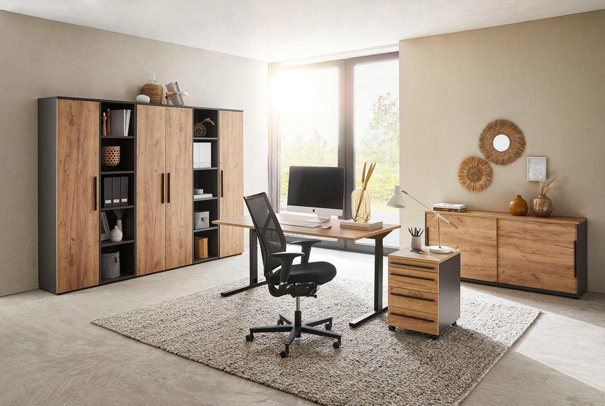 KONTENER NA KÓŁKACH RENTON - kolor dębowy/czarny, Modern, materiał drewnopochodny/tworzywo sztuczne (42/61/49cm) - Novel