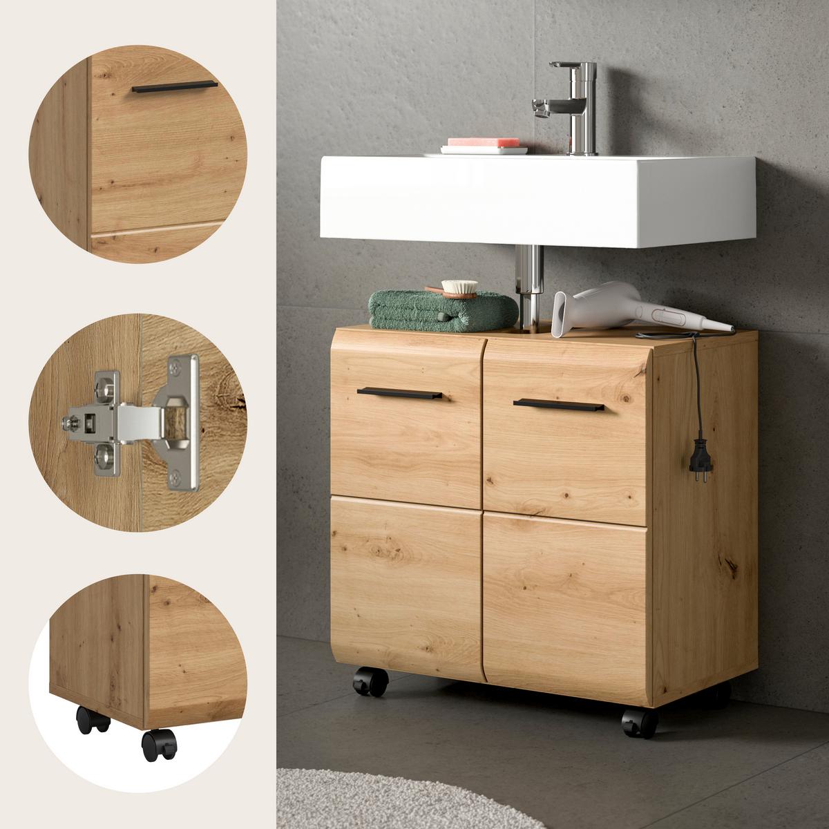 Waschbeckenunterschrank Ice Eiche Artisan - Schwarz/Eiche Artisan, Trend, Holzwerkstoff/Kunststoff (60/58/30cm) - MID.YOU