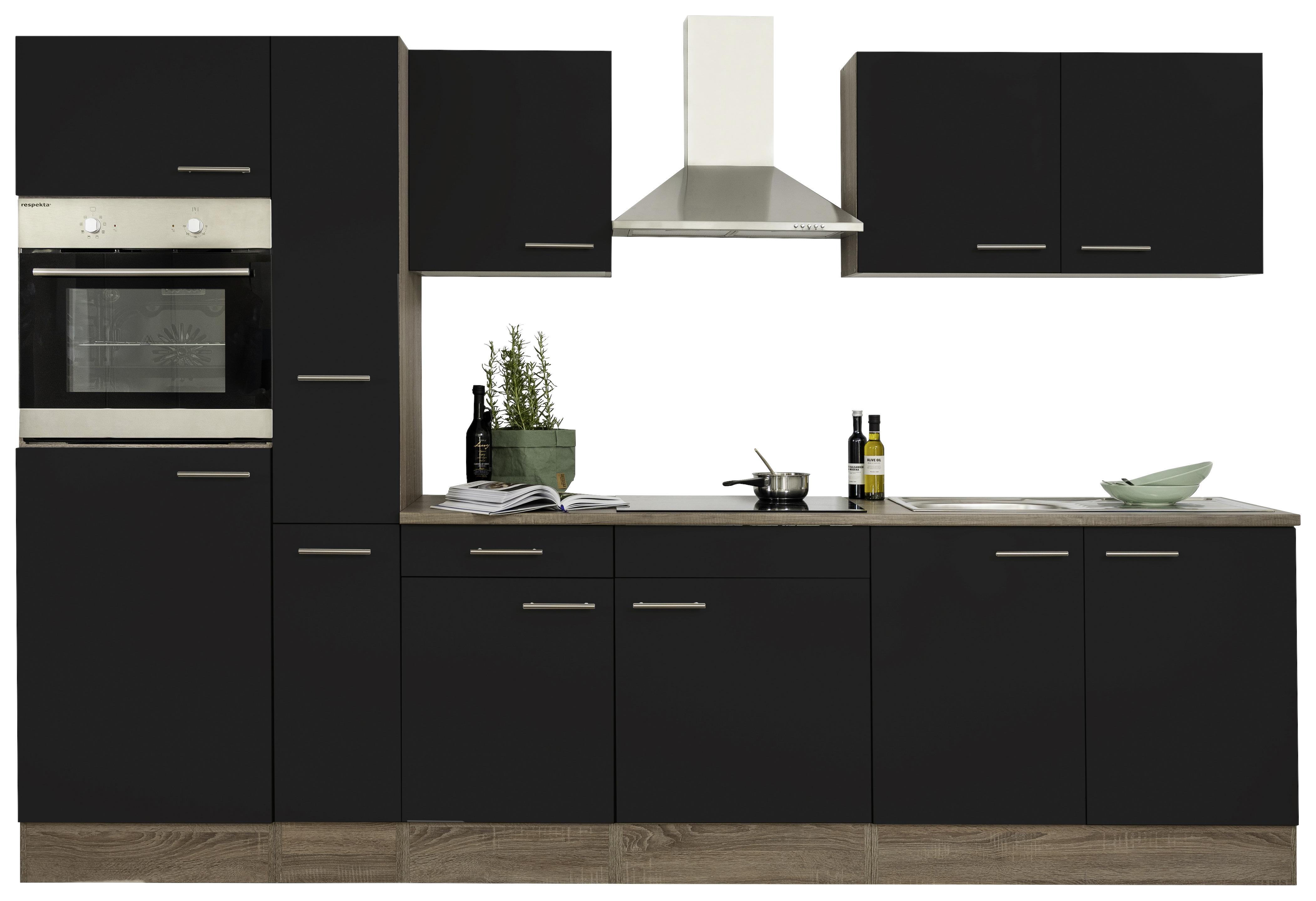 Küchenzeile mit Geräte Schwarz /Eiche Dekor B: ca. 300 cm - Edelstahlfarben/Eichefarben, Design, Holzwerkstoff/Metall (300cm) - Respekta