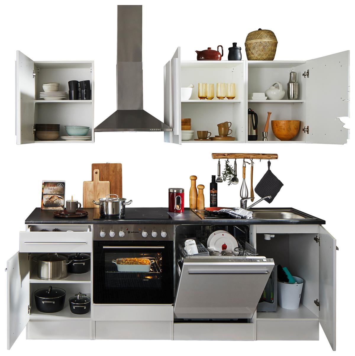 Küchenblock Jazz mit Geräten ca.220cm Weiß Hochglanz - Weiß Hochglanz/Dunkelgrau, LIFESTYLE, Holzwerkstoff/Kunststoff (220cm) - P & B