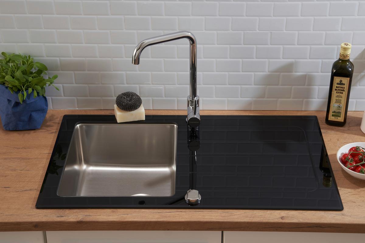 Spüle Schwarz Glas/Edelstahl B: ca. 86 cm - Schwarz, Trend, Glas/Metall (86/21/50cm) - Respekta