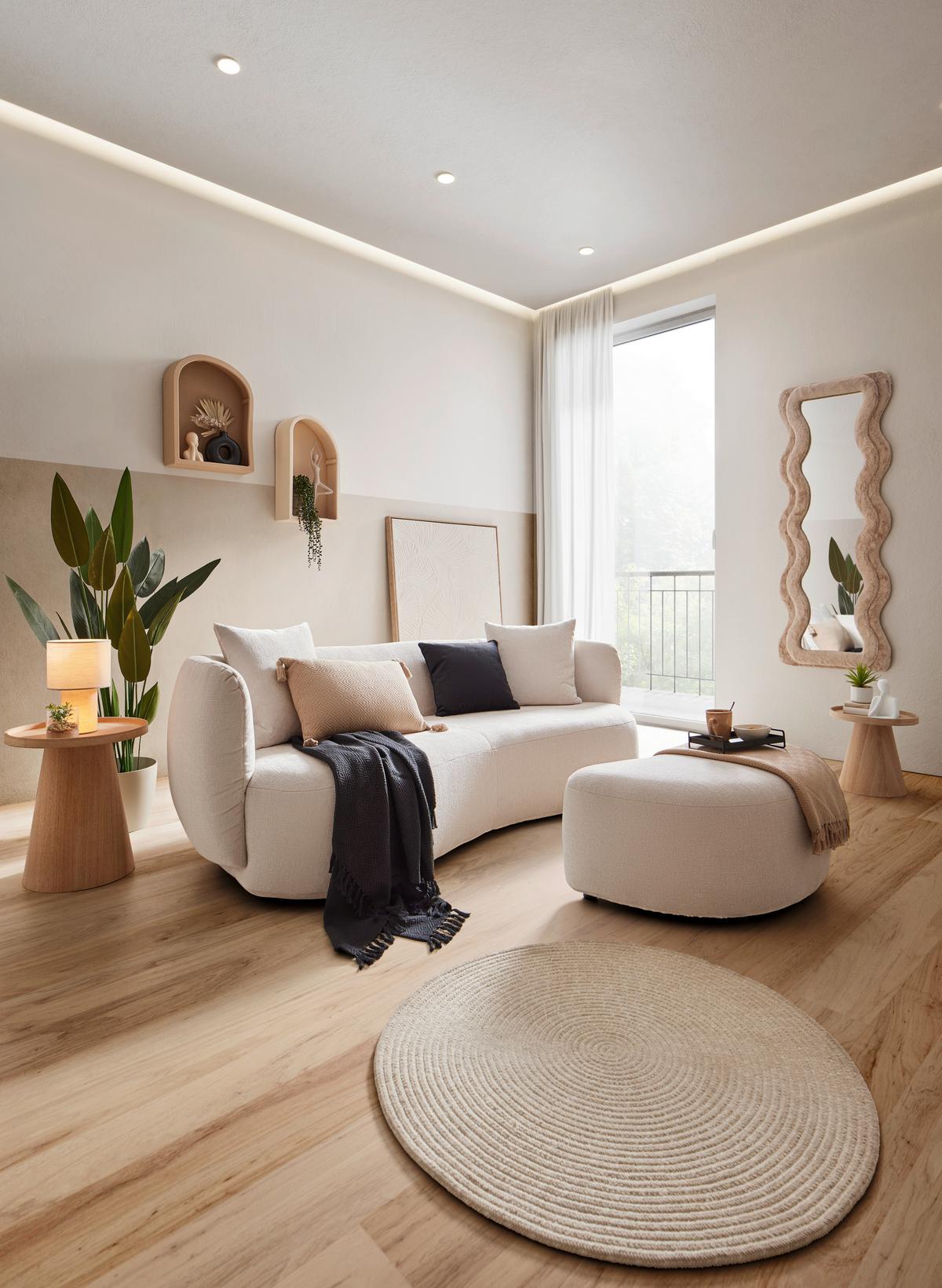 Bigsofa Leonas in Beige runde Form, inkl. 2 Kissen - Beige/Schwarz, MODERN, Kunststoff/Textil (235/72/110cm) - Premium Living