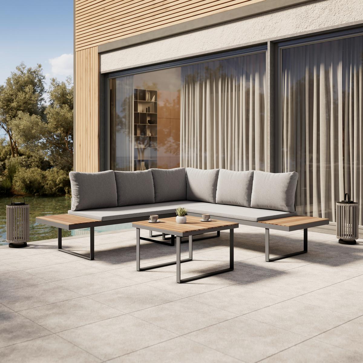 Loungegarnitur Elia Grau Outdoorstoff/Metall/Holz - Hellgrau, MODERN, Holz/Textil (236,5/75/236,5cm) - Bessagi Garden