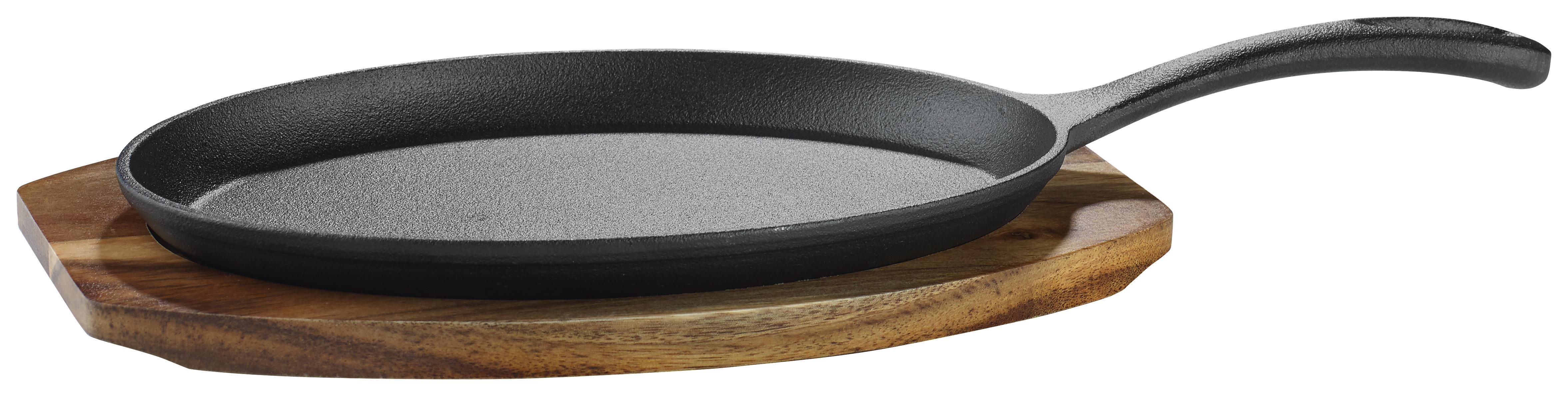 Bratpfanne Steaky inkl. Servierbrett - Schwarz/Naturfarben, KONVENTIONELL, Holz/Metall (37,5/18,5/3,5cm) - Premium Living