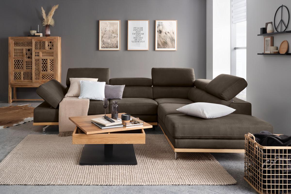 Wohnlandschaft Carmen rechts Graublau - Graublau/Schwarz, MODERN, Leder/Holz (292/72/226cm) - Premium Living