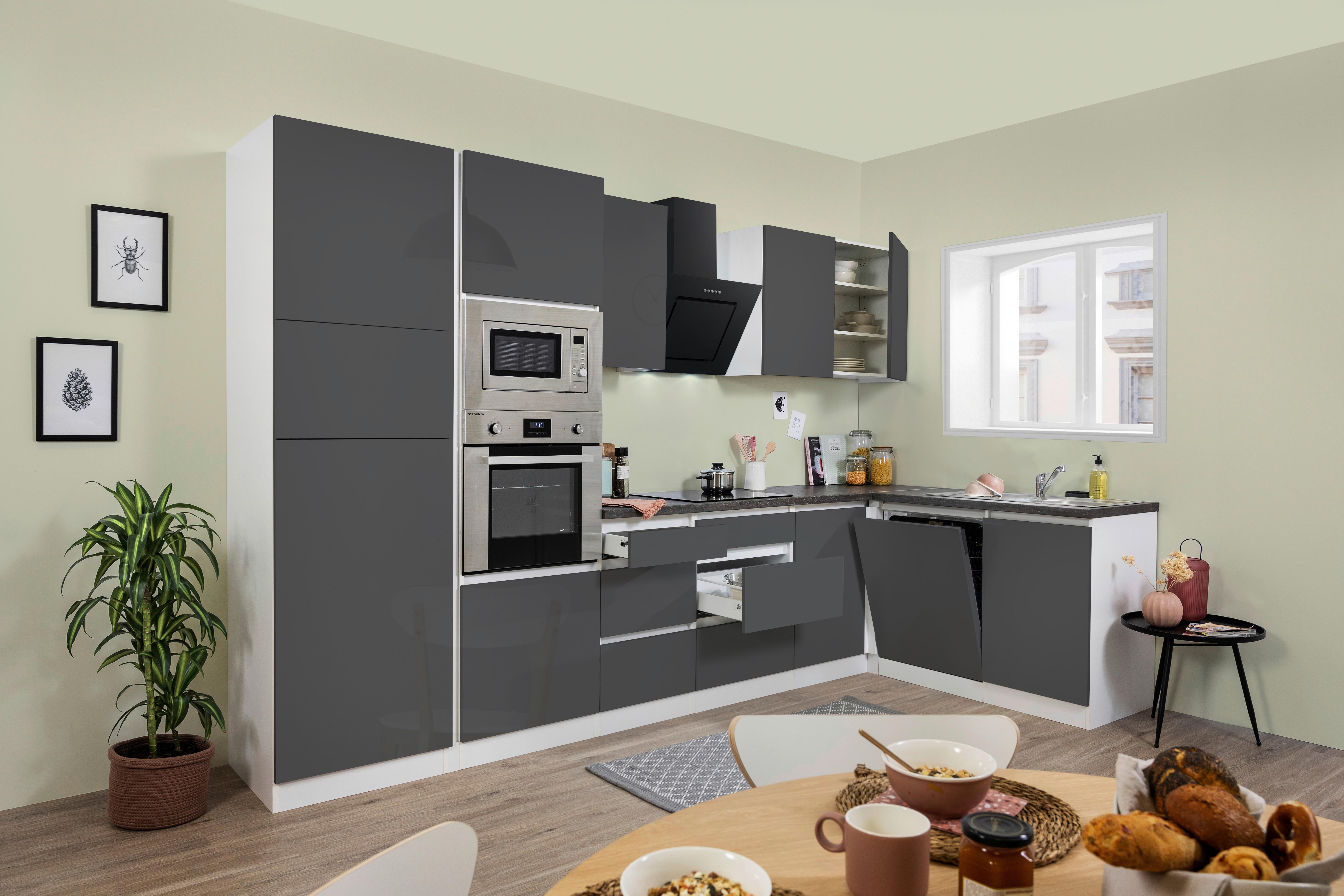 Küchenblock in Grau Hochglanz inkl. E-Geräte 'Premium' - Weiß/Grau, MODERN, Holzwerkstoff (345/172cm) - Respekta