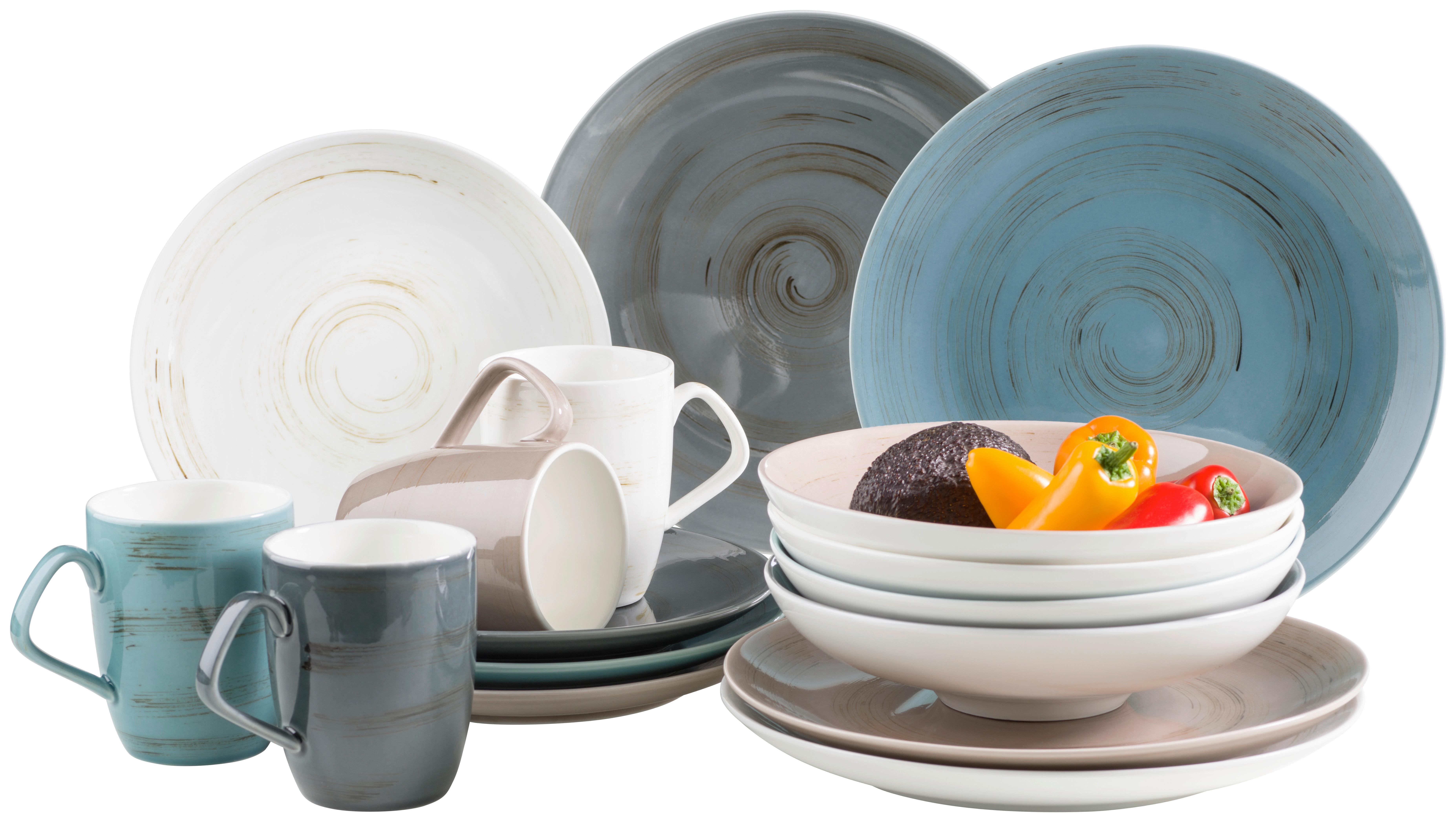 KOMBISERVICE 16-TLG DERBY - Blau/Weiss, Basics, Keramik (33/31,5/35cm) - Mäser