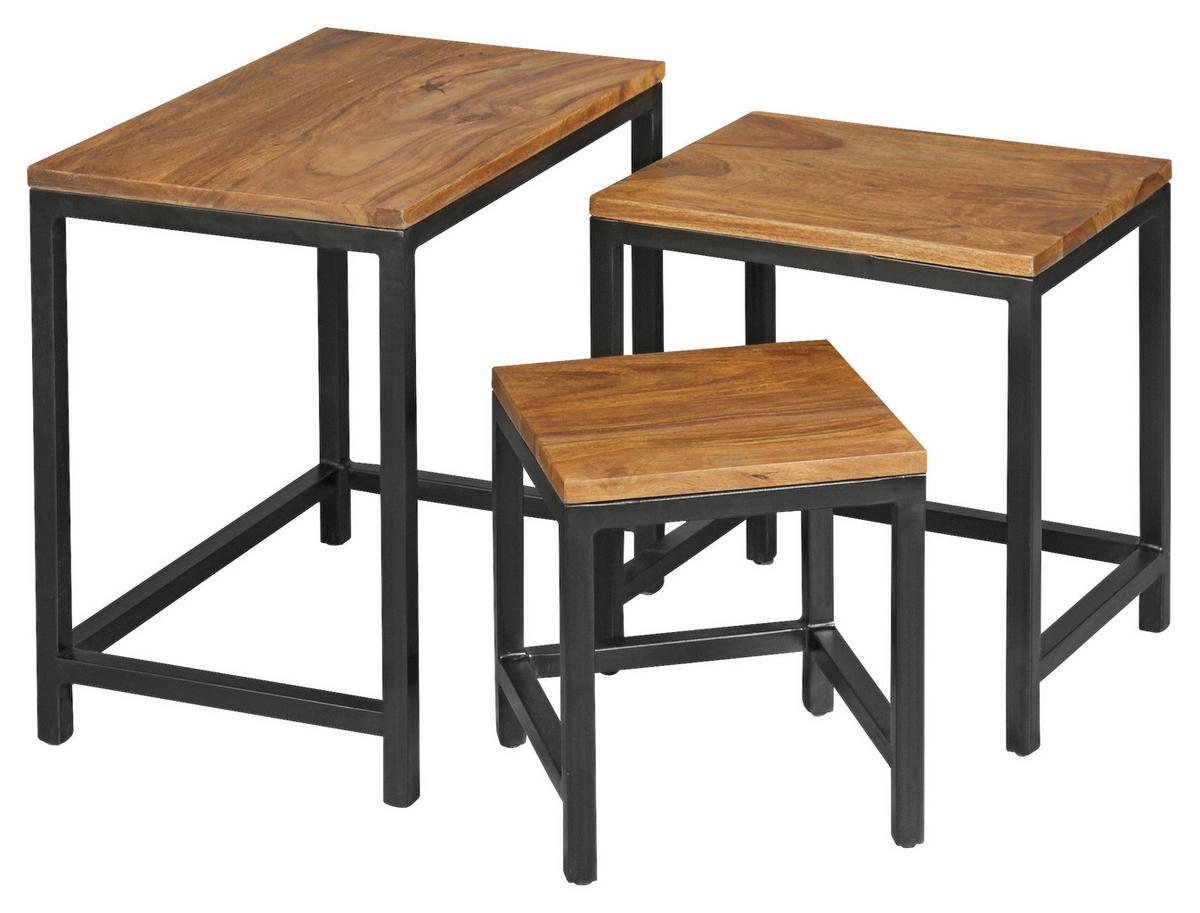 Satztisch "Akola", 3-er Set, aus Sheesham - Sheeshamfarben/Schwarz, Design, Holz/Metall (30/45/45cm) - MID.YOU