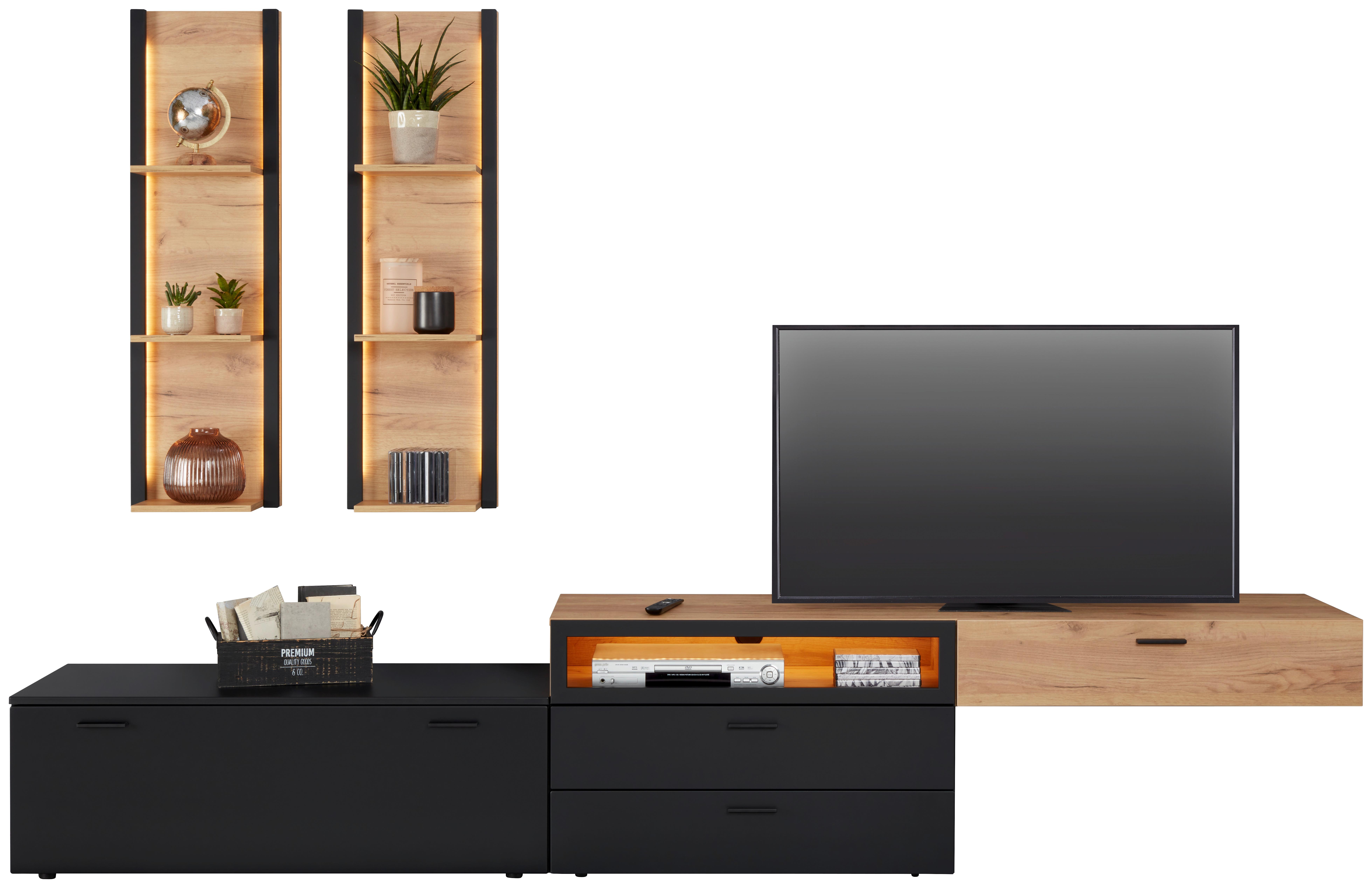 Wohnwand in Schwarz/Eichefarben - Eichefarben/Schwarz, Modern, Holzwerkstoff/Metall (300/210/50cm) - Modern Living