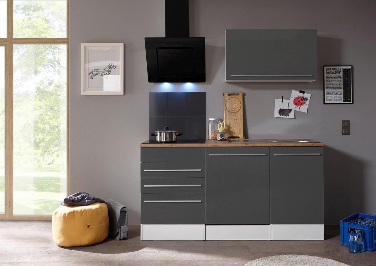 Küchenblock Premium mit Geräte Grau/Weiß/Eiche ca. 290 cm - Wildeiche/Edelstahlfarben, Basics, Holzwerkstoff/Kunststoff (290cm) - Respekta