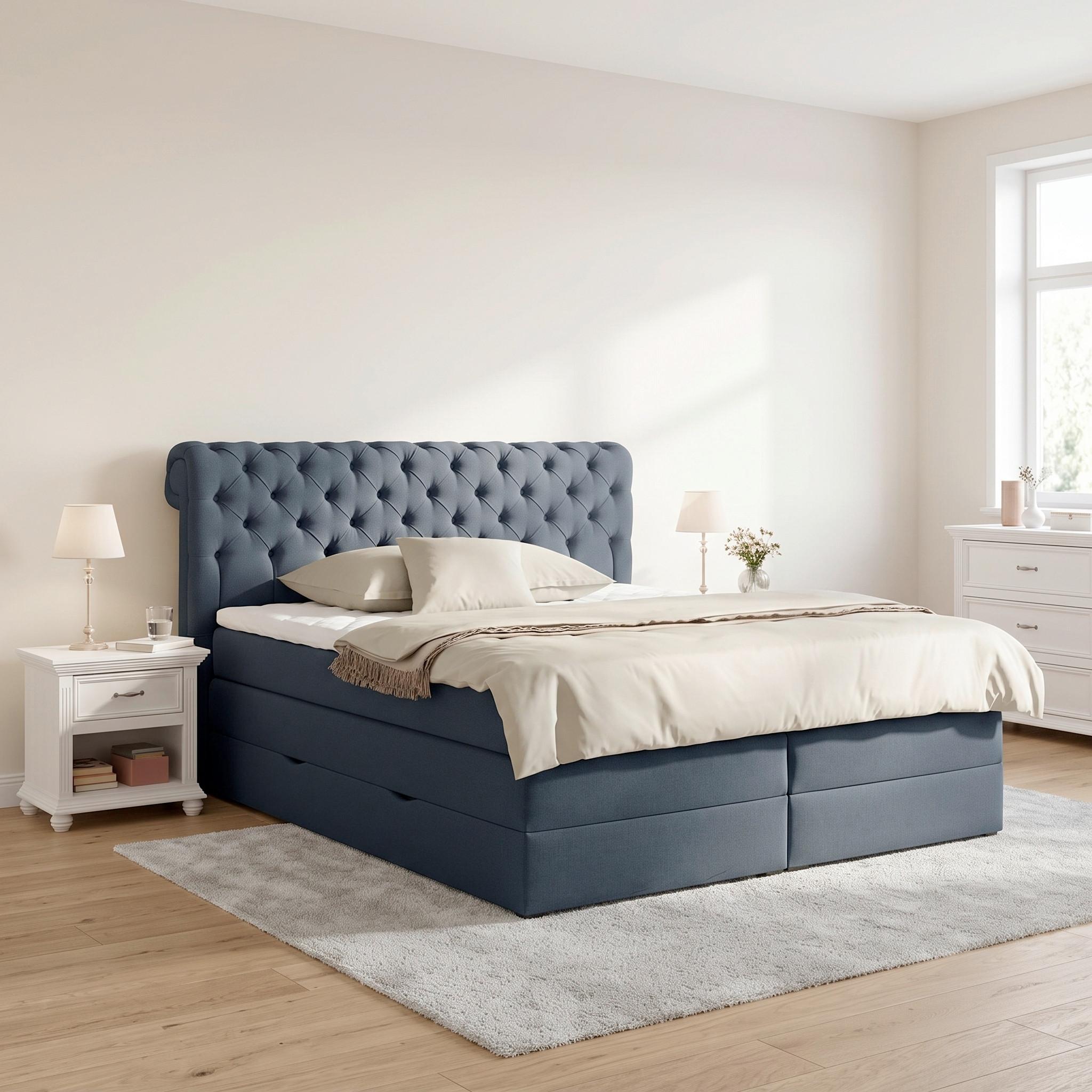 Boxspringbett Belano Dunkelblau 200x200cm - Dunkelblau, KONVENTIONELL, Holz/Holzwerkstoff (200/200cm) - Premium Living