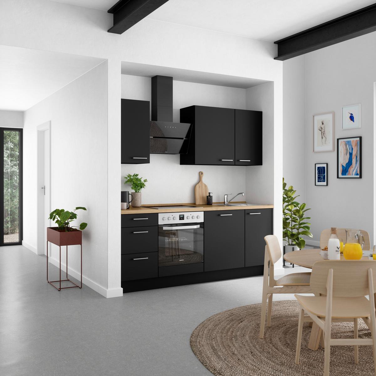 Küchenblock Touch High m. Geräten Schwarz - Edelstahlfarben/Eichefarben, MODERN, Holzwerkstoff/Metall (210cm) - Nobilia