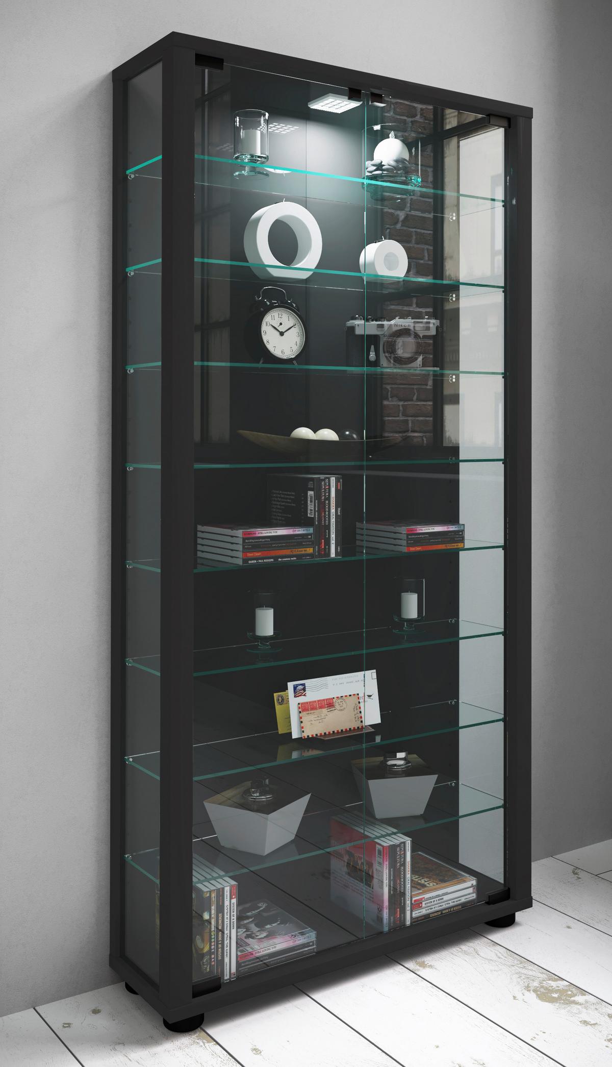 VITRINE LUMO MAXI LED - Transparent/Schwarz, Design, Glas/Holzwerkstoff (59/113/18cm) - MID.YOU