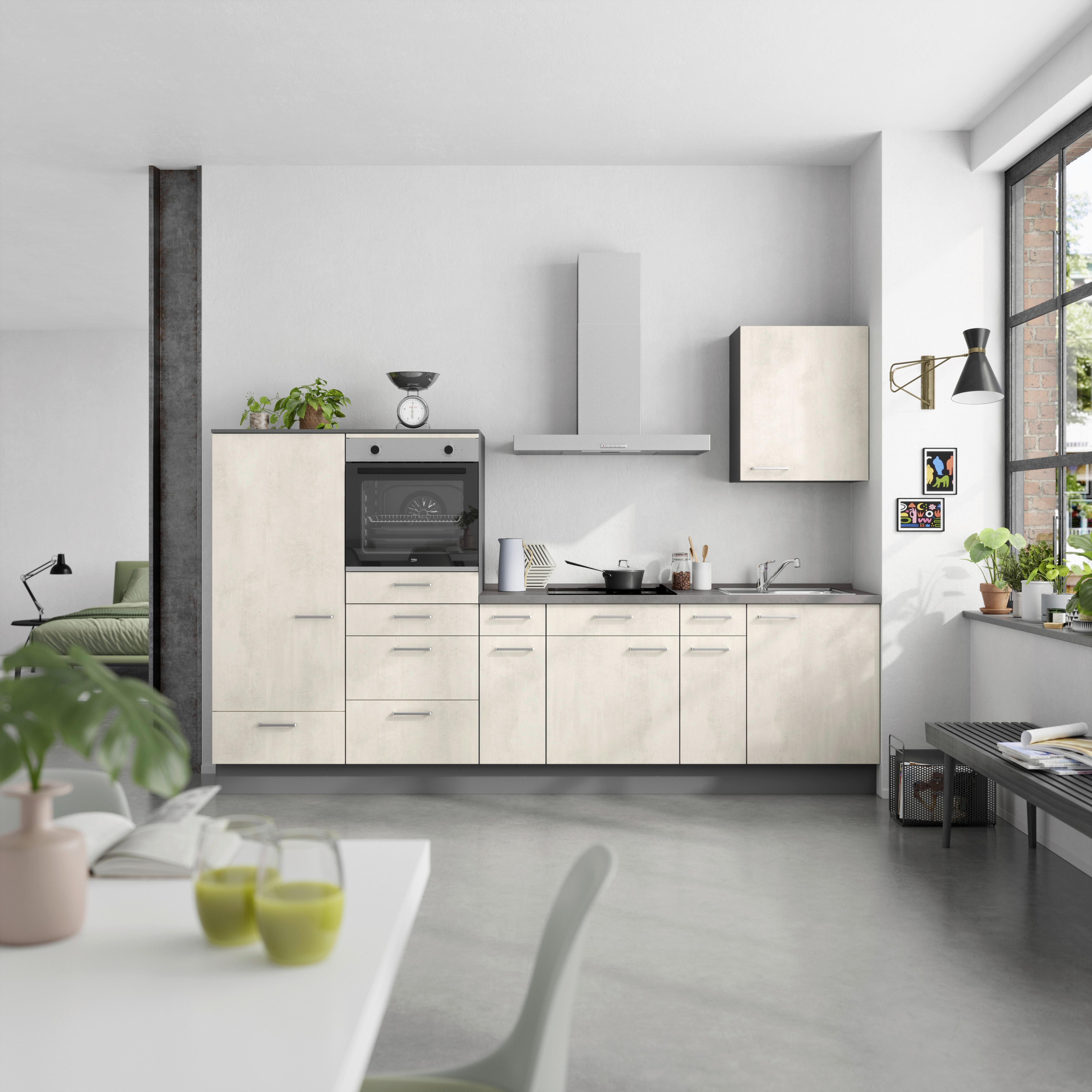 Küchenblock Riva Low m. Geräten Weiß - Schieferfarben/Edelstahlfarben, MODERN, Holzwerkstoff/Metall (300cm) - Nobilia