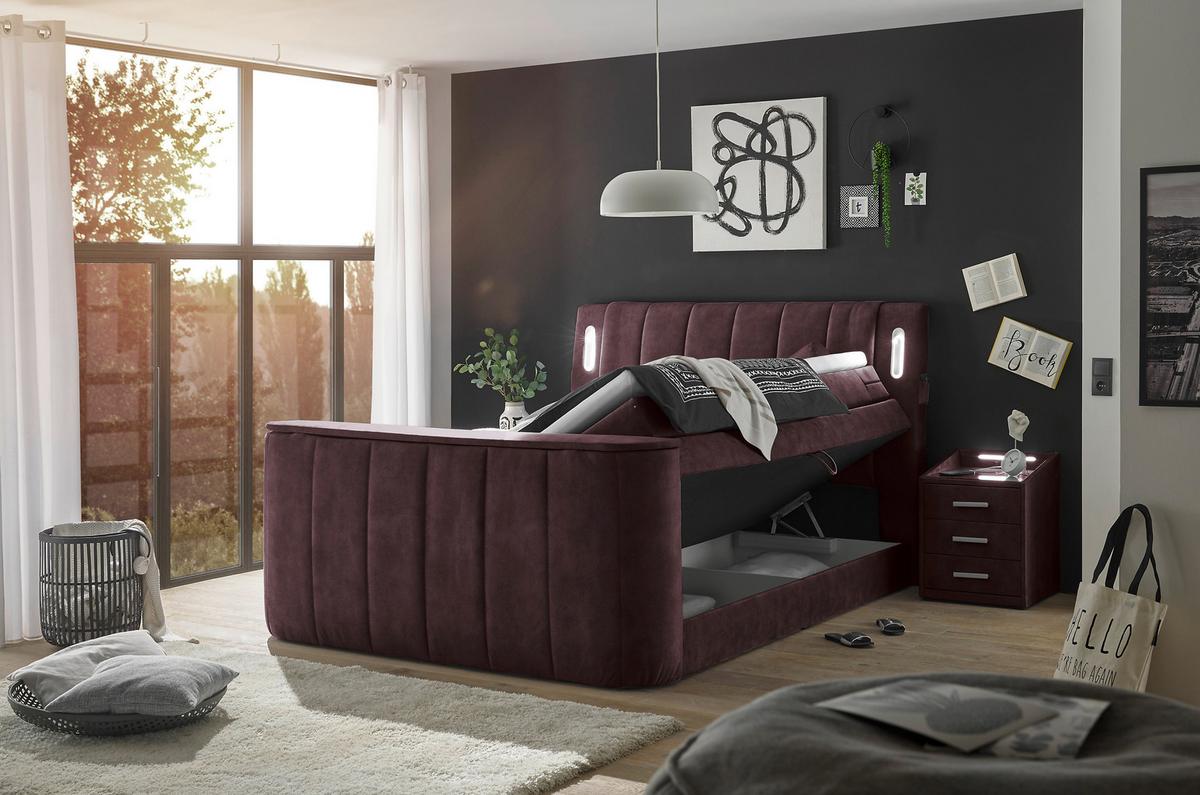 Boxspringbett Dallas m. LED ca. 180x200 cm Aubergine - Aubergine, MODERN, Holzwerkstoff/Kunststoff (180/200cm) - MID.YOU